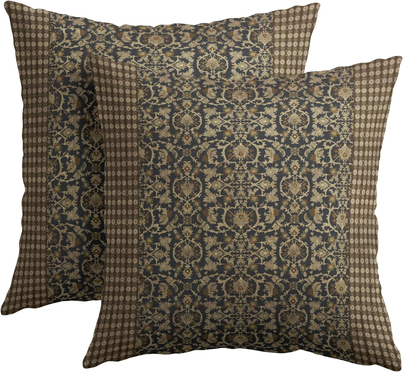 Brown Antique Pillow Covers 18X18 Inch Vintage Floral Block Print Decorative Throw Pillow Covers Set of 2 Retro Turkish Pillowcases Cushion Covers for Couch Indoor Outdoor Home Decor