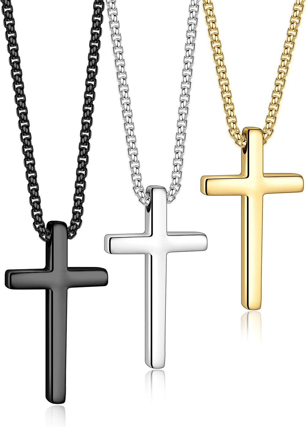 Valentines Gifts - 2 Pcs/3 Pcs Cross Necklace for Men, Silver Black Gold Cross Chain Stainless Steel Cross Pendant Jewelry Gifts for Boys Men 16-30 Inches