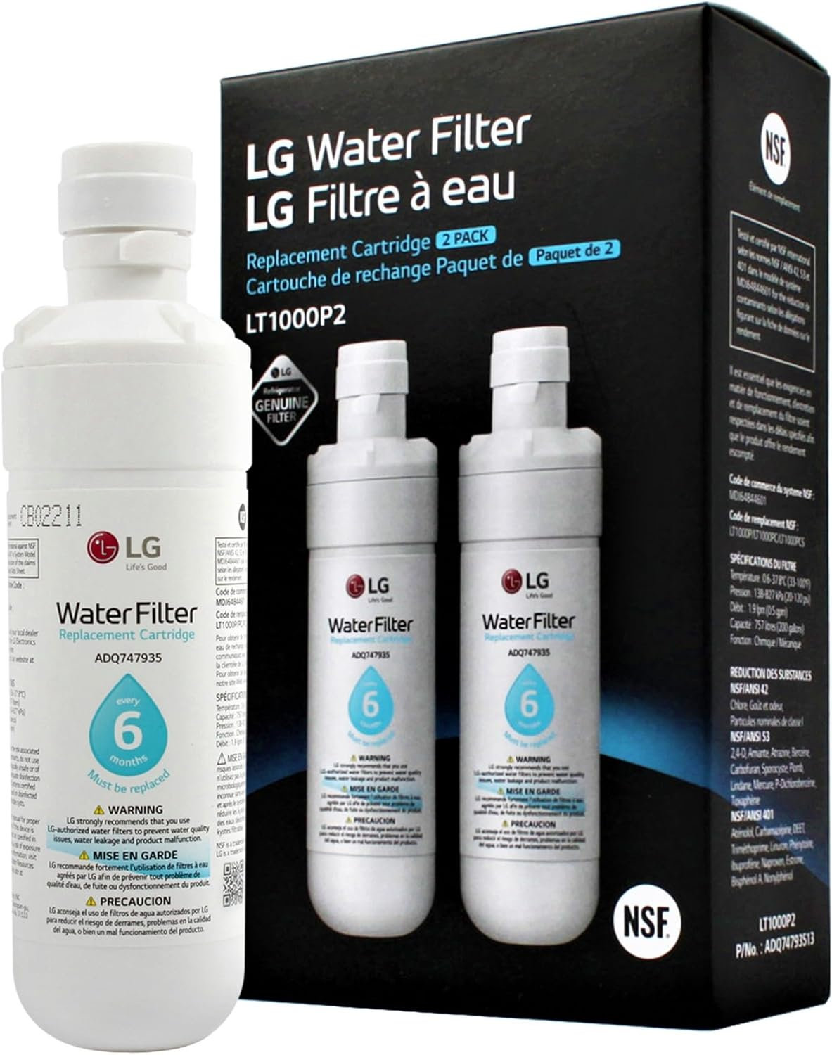 LT1000P2 6-Month / 200 Gallon Refrigerator Replacement Water Filter, Reduces Chlorine, 2 Count (Pack of 1), White.