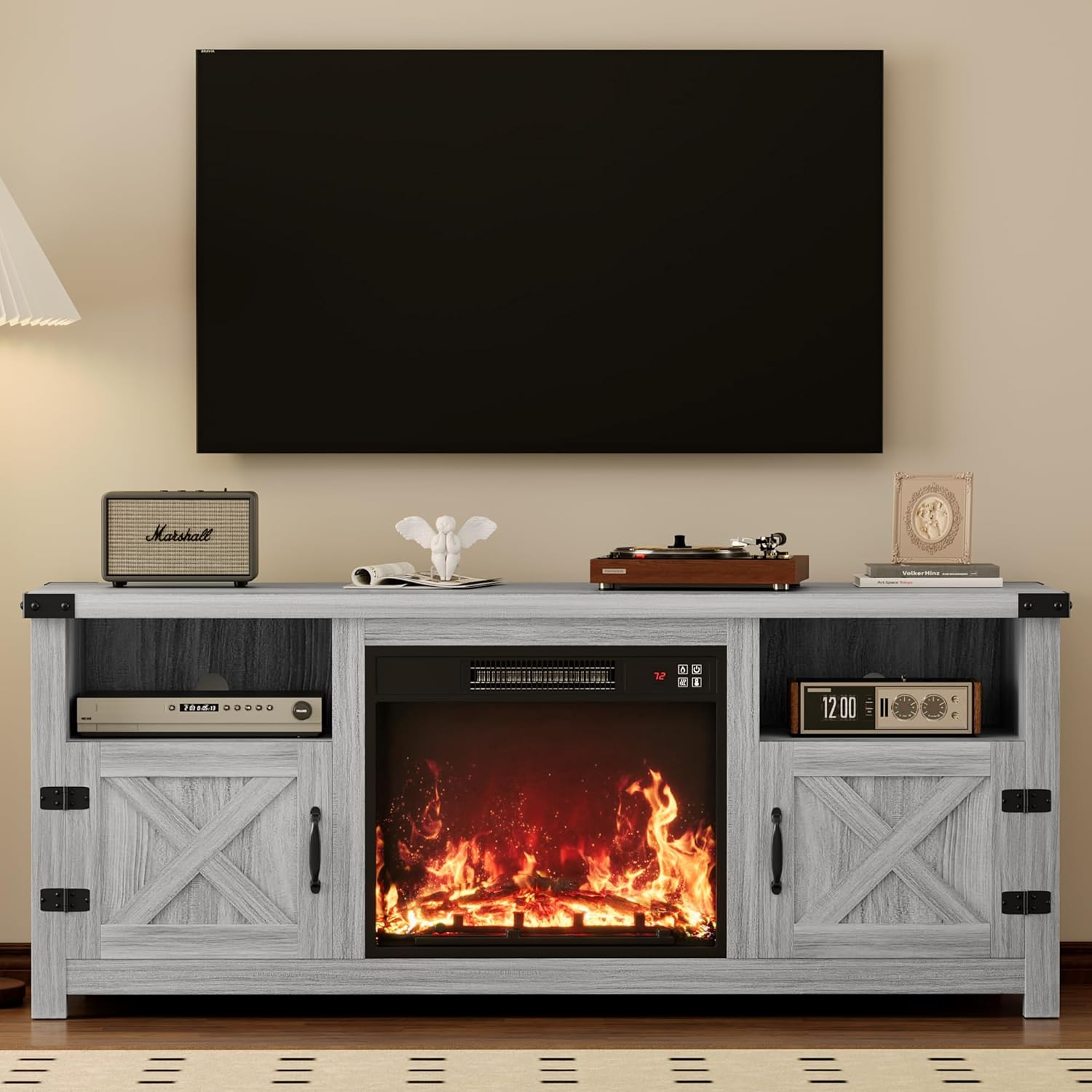 YESHOMY Fireplace TV Stand with Barn Doors and Open Display Shelf