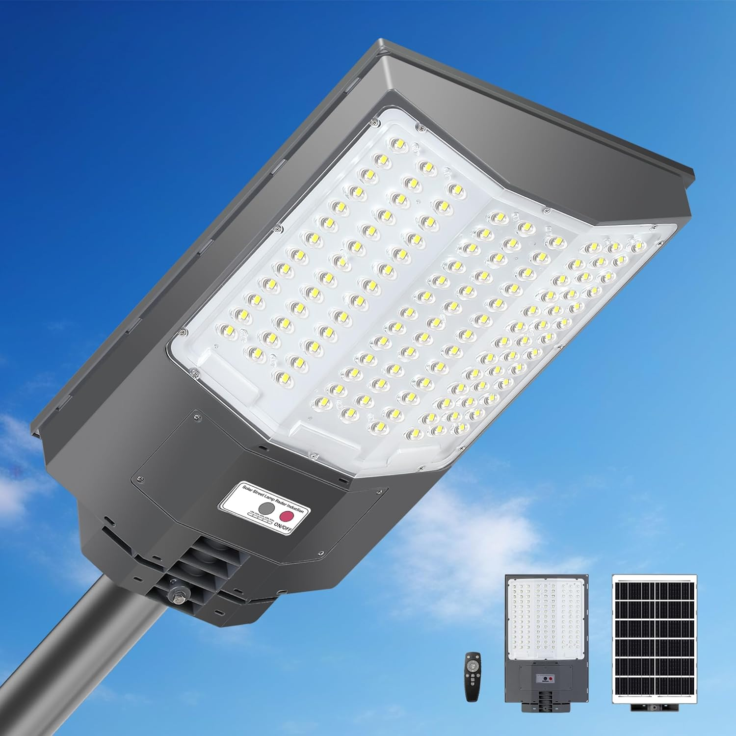8500W Solar Street Lights Outdoor, 550000LM 7000K Solar Parking Lot Lights Dusk to Dawn 35000Mah IP67 Waterproof Pole Security Flood Lamps with Motion Sensor and Remote for Yard, Garage, Driveway