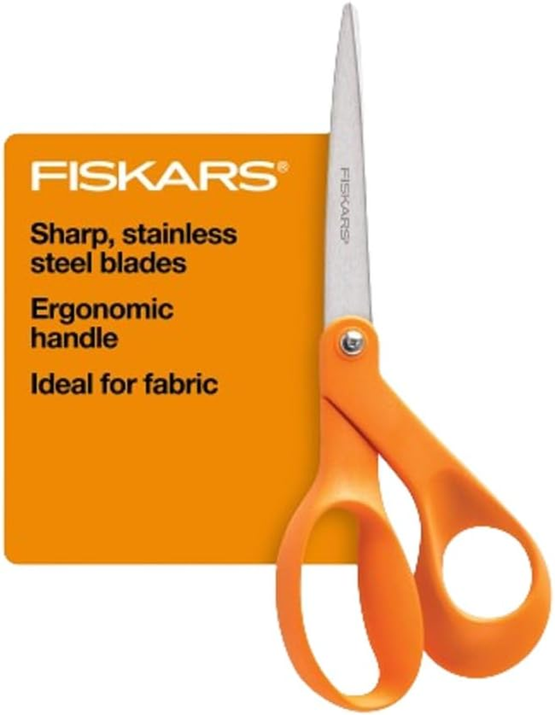 Fiskars 8” Original Orange-Handled Stainless Steel Scissors, Ergonomic and Keeps Material Flat, Sharp All-Purpose Paper and Fabric Scissors for Office, Arts, and Crafts