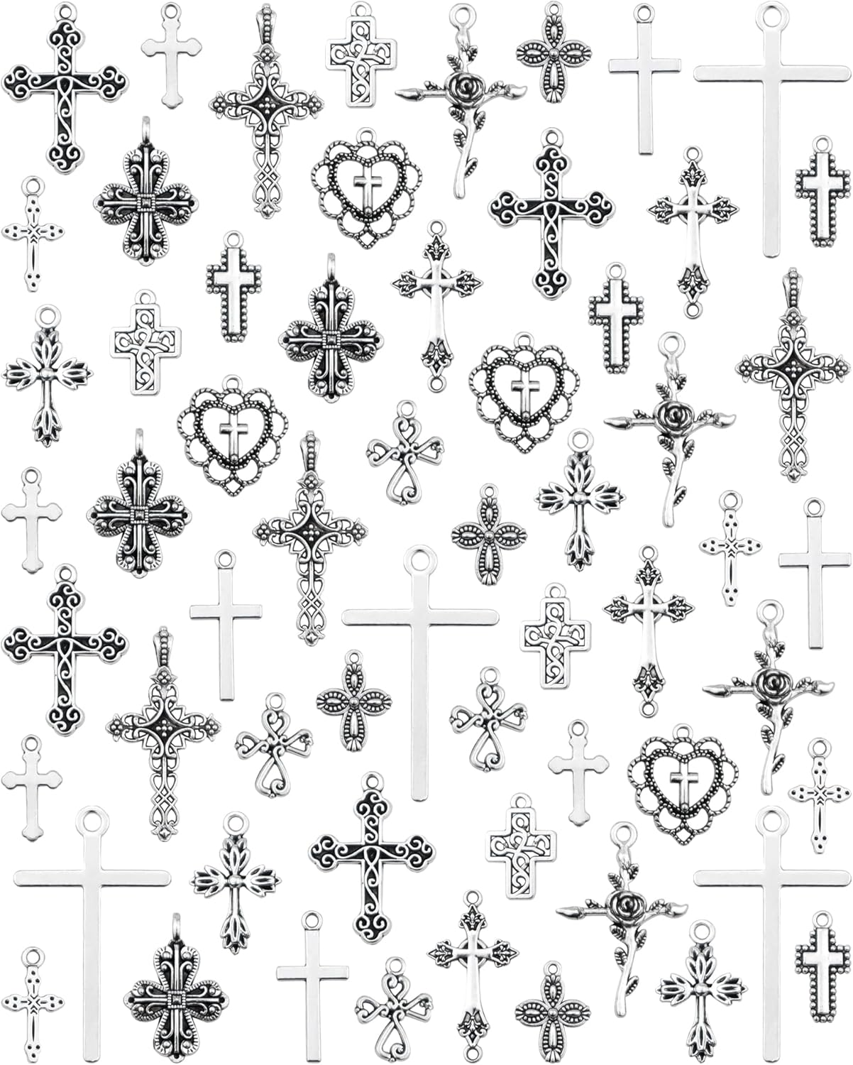 60 Pcs Antique Silver Cross Charms, Alloy Crucifix Pendant Connector for Bracelet Earrings Necklace Jewelry Making (15 Styles)