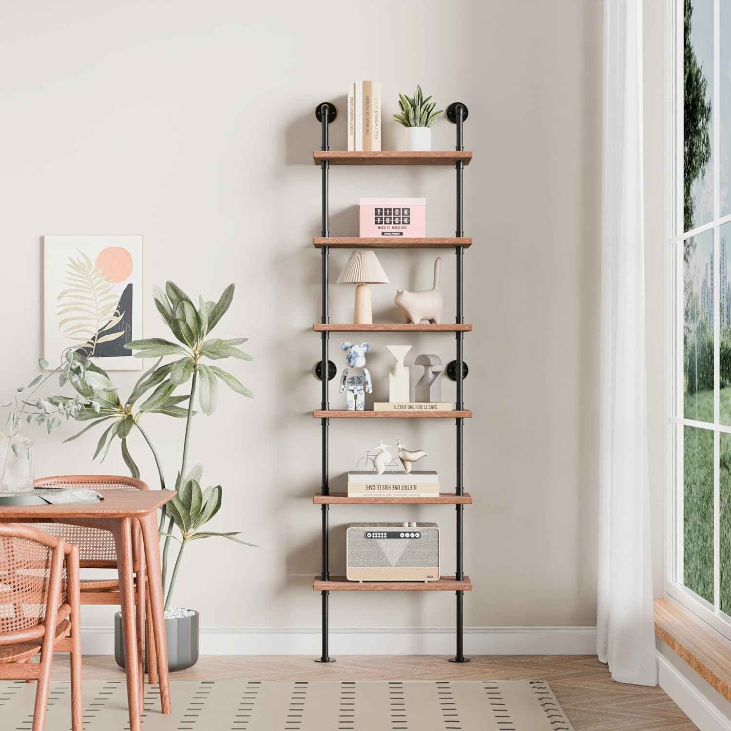 Industrial Ladder Pipe Shelves, Wall Mounted Rustic Bookshelf, Retro Metal Wood Bookcases (Weathered Brown, 6 Tier - 10