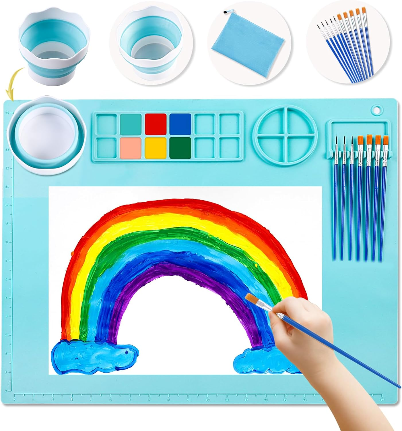 Silicone Craft Mat 20X16 Inch Large Silicone Art Mat with Detachable Cup Painting Mat with 10 Painting Brushes Silicone Drawing Mat Sheets for Kids Adult DIY Accessories (Blue)