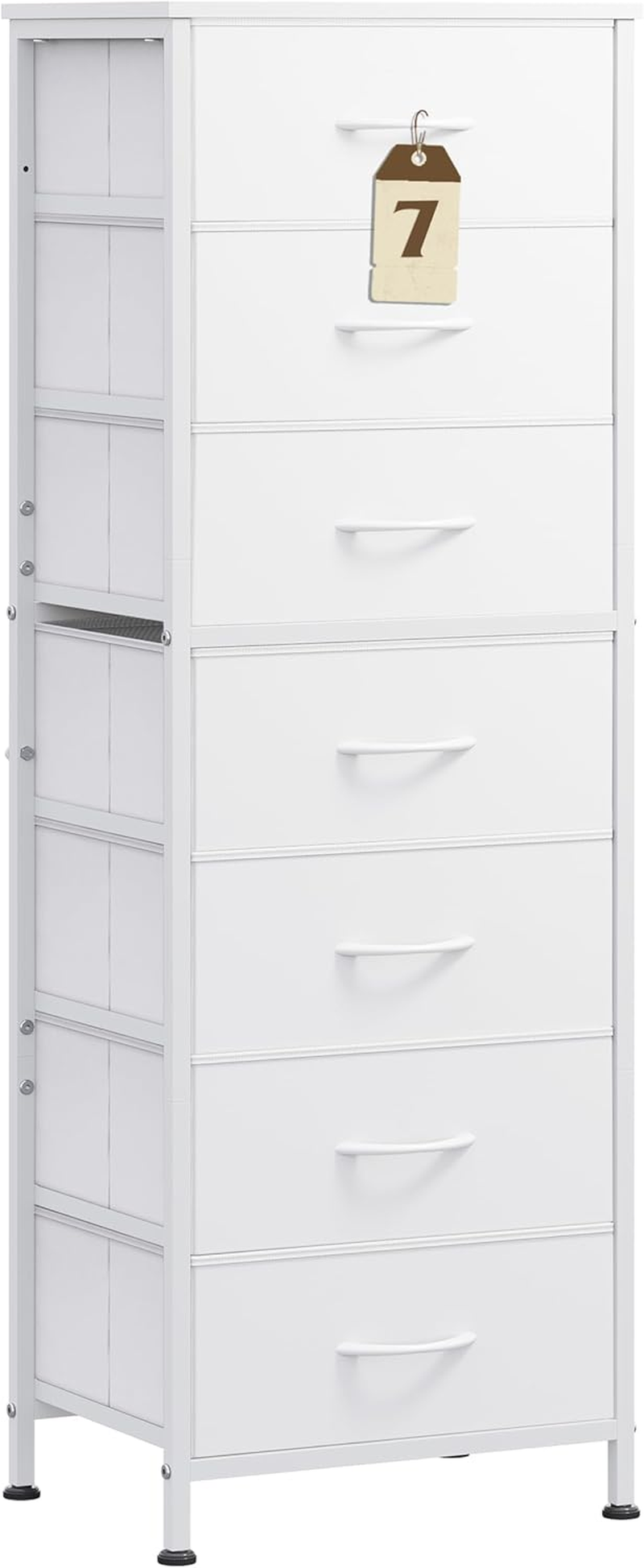 White Tall Dresser for Bedroom, 7 Drawer Dressers & Chests of Drawers, Fabric Dresser for Closet, Living Room, Night Stand with Metal Frame, Storage Tower with Fabric Bins, Wood Top