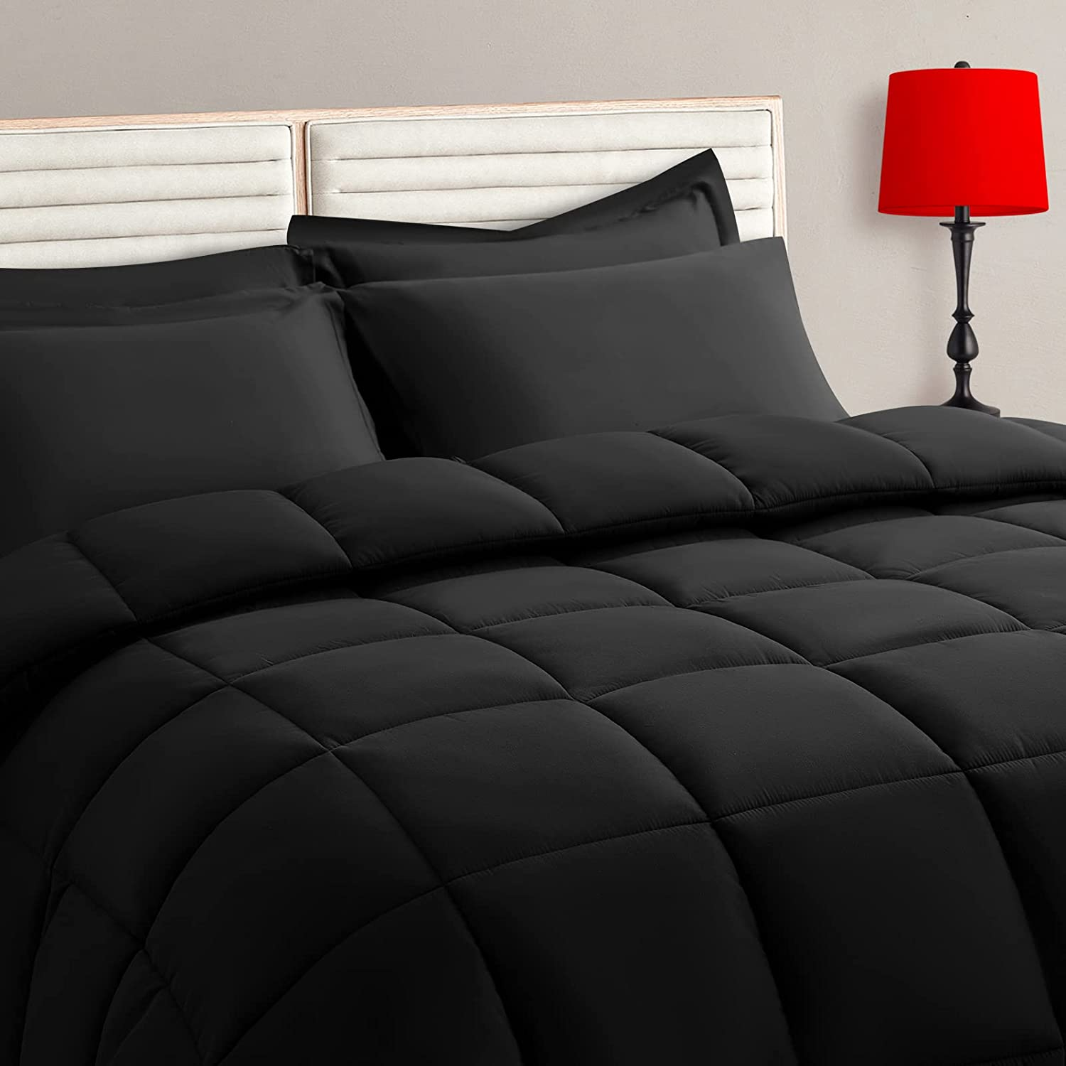 Black King Size Comforter Set - 7 Pieces, Bed in a Bag Bedding Sets with All Season Soft Quilted Warm Fluffy Reversible Comforter,Flat Sheet,Fitted Sheet,2 Pillow Shams,2 Pillowcases