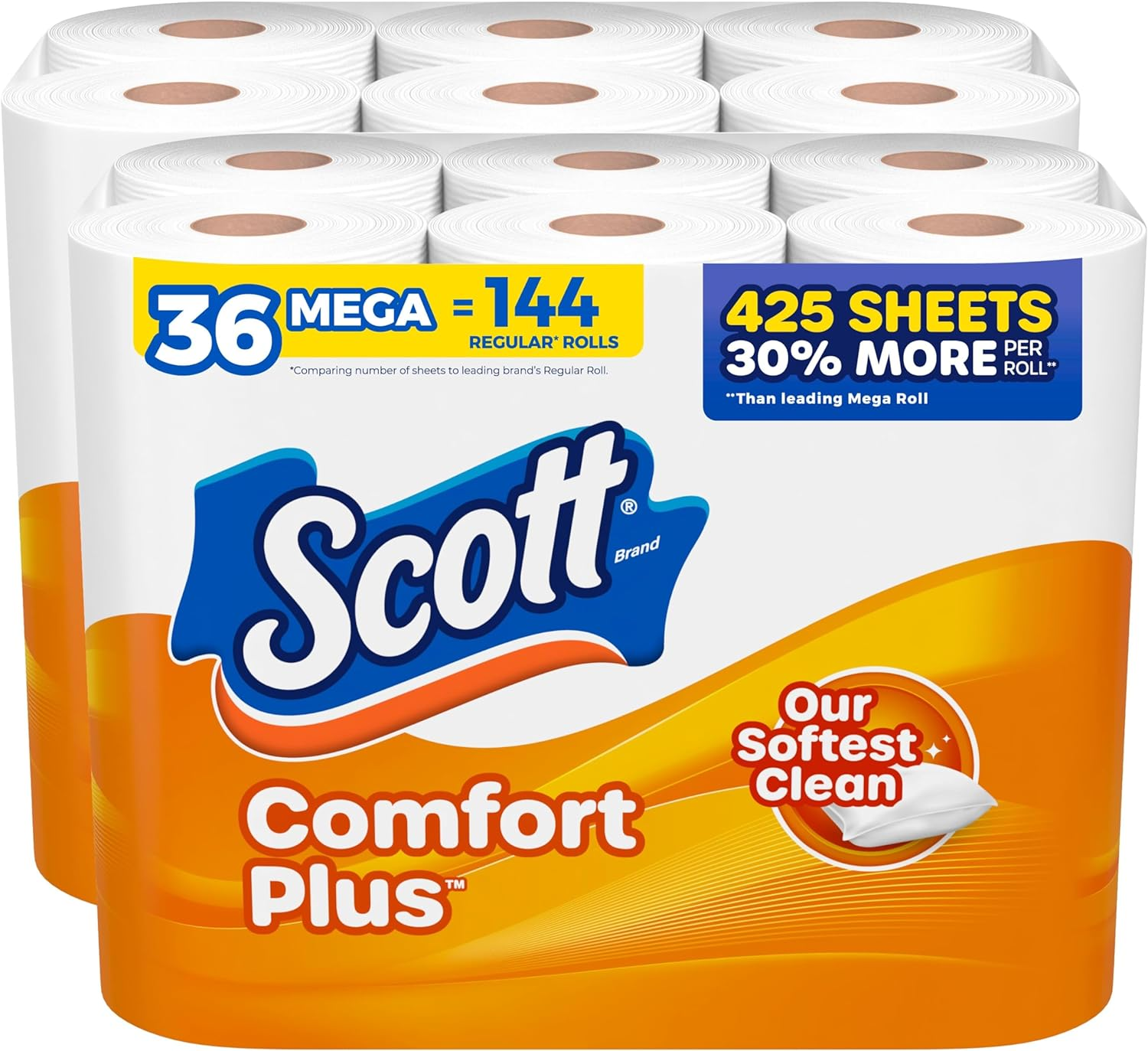 Comfortplus Toilet Paper, 36 Mega Rolls (2 Packs of 18), 425 Sheets per Roll, Septic-Safe, 1-Ply Toilet Tissue