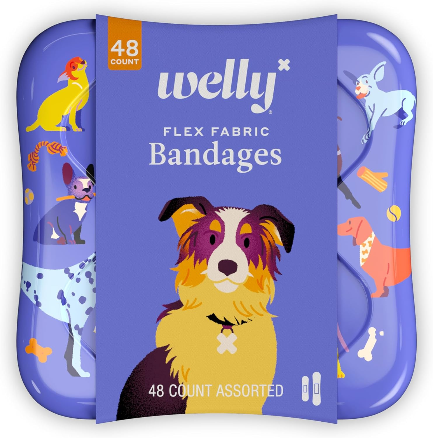 Welly Bandages | Adhesive Flexible Fabric Bravery Badges | Assorted Shapes for Minor Cuts, Scrapes, and Wounds | Colorful and Fun First Aid Tin | Dogs Patterns - 48 Count