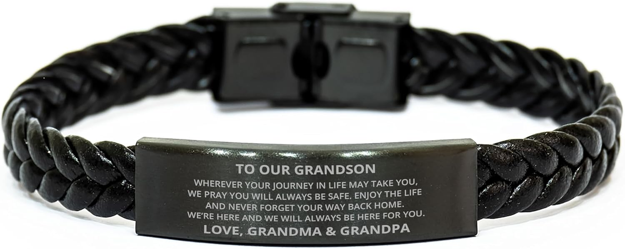 To Our Grandson Braided Leather Bracelet Gifts from Grandma Grandpa - If I Could Give You One Thing in Life - Inspirational Christmas Birthday Gifts for Him Men, Engraved Adjustable Bracelet
