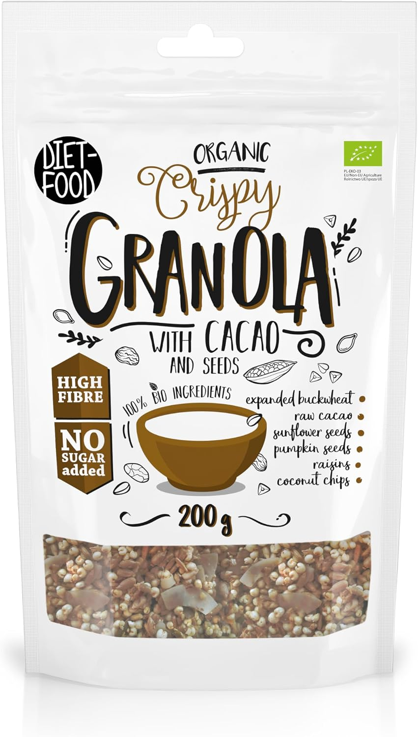 DIET‑FOOD Granola Keto Végétalien Bio Croustillant Au Cacao Et Graines, Sans Gluten, Petit-Déjeuner Faible En Glucides, Snack Non OGM Sans Sucres Ajoutés 200 G (1 Unité)