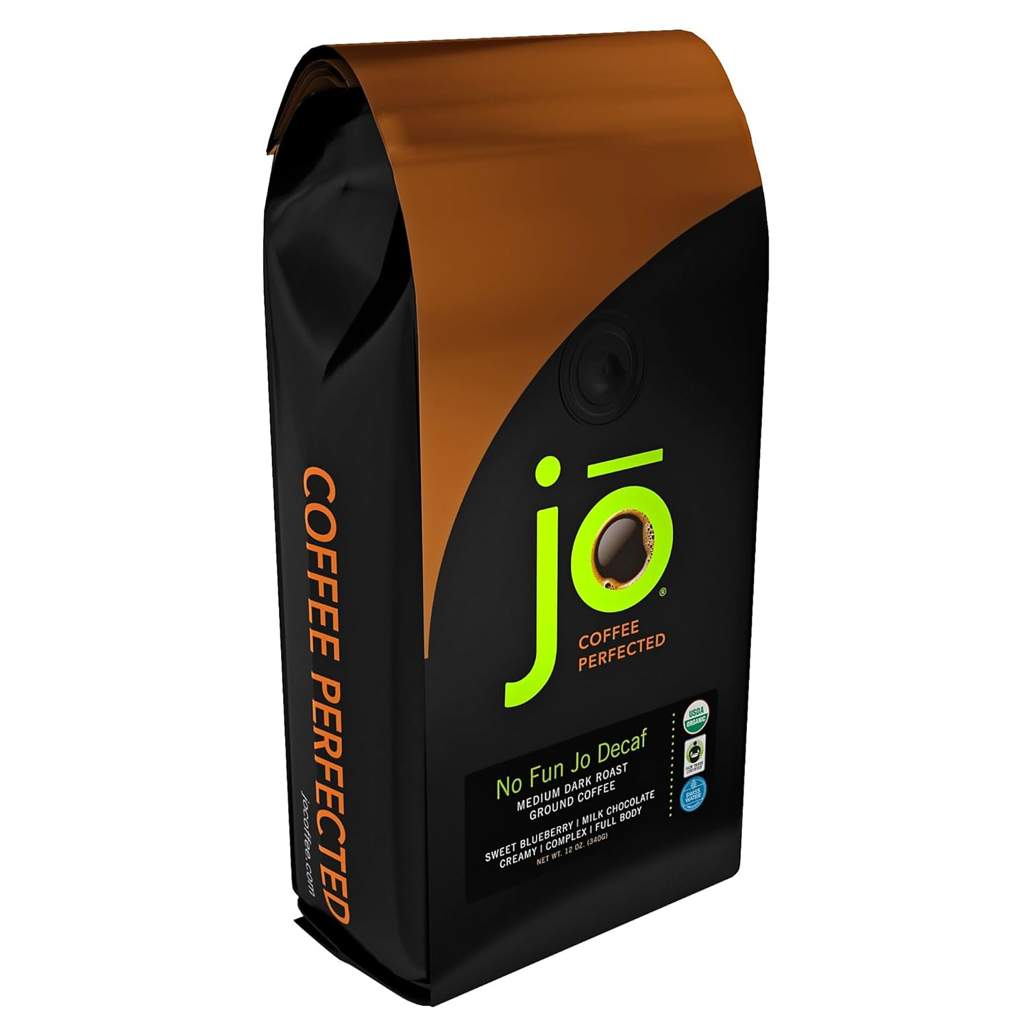 NO FUN JO DECAF: 12 Oz, Organic Decaf Ground Coffee, Swiss Water Process, Fair Trade Certified, Medium Dark Roast, 100% Arabica Coffee, USDA Certified Organic, NON-GMO, Chemical & Gluten Free