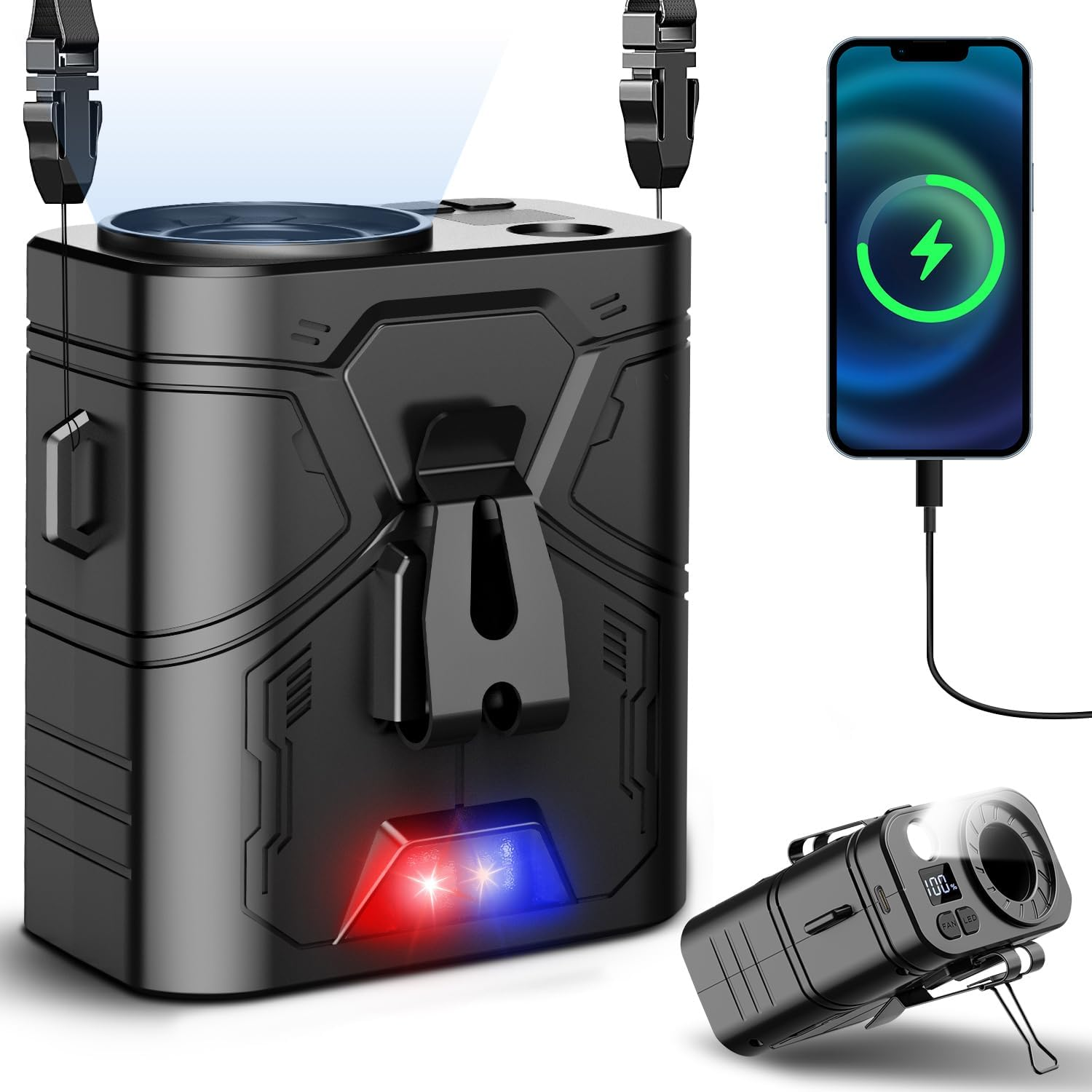 20000mAh Portable waist fan Clip on Belt Shirt Body Rechargeable Battery 5 Speeds 20000RPM 60H Working LED Light Personal cooling device Wearable Neck Fan for Outdoor Jobsite Camping (Black)