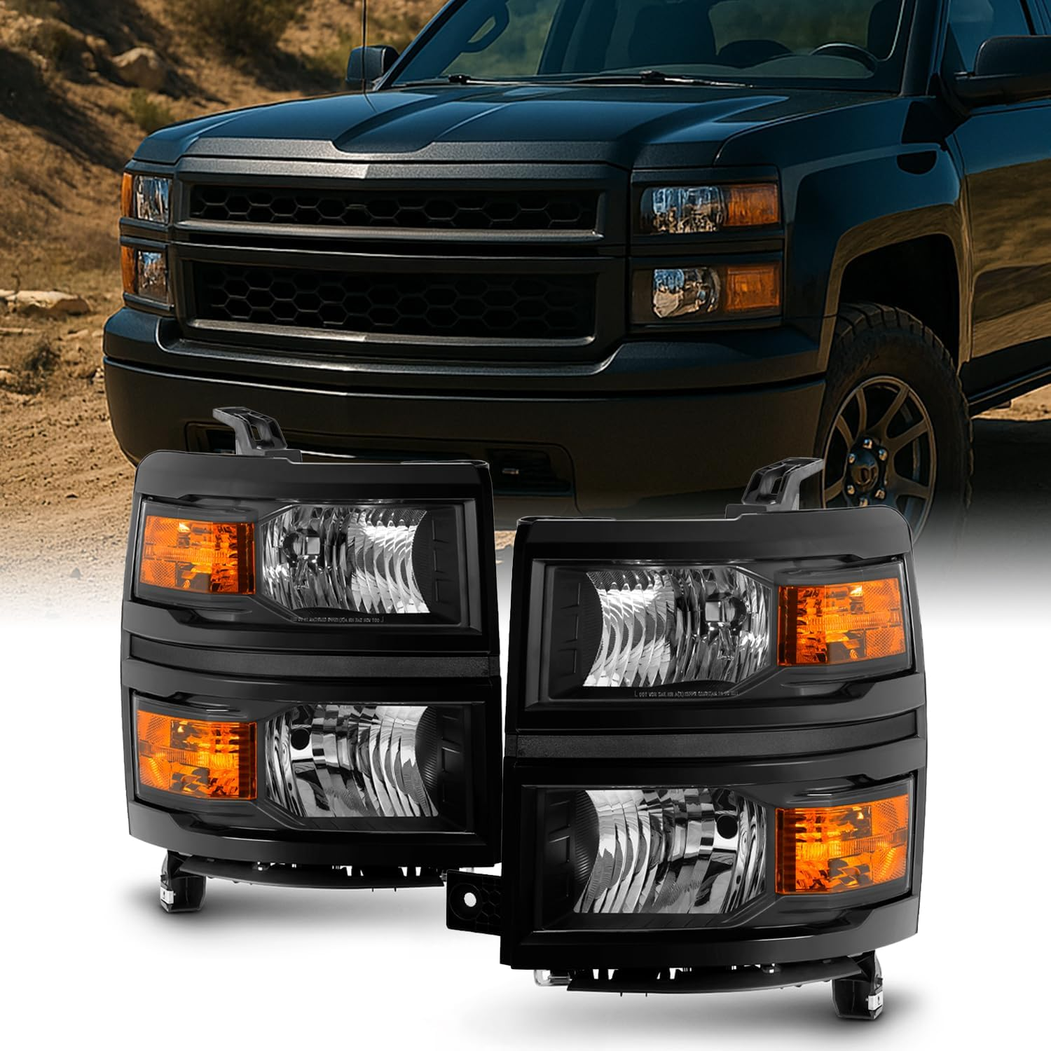 for 2014 2015 Chevy Silverado 1500 Pickup Truck Black Bezel Headlight Lamp Assembly Driver + Passenger Side