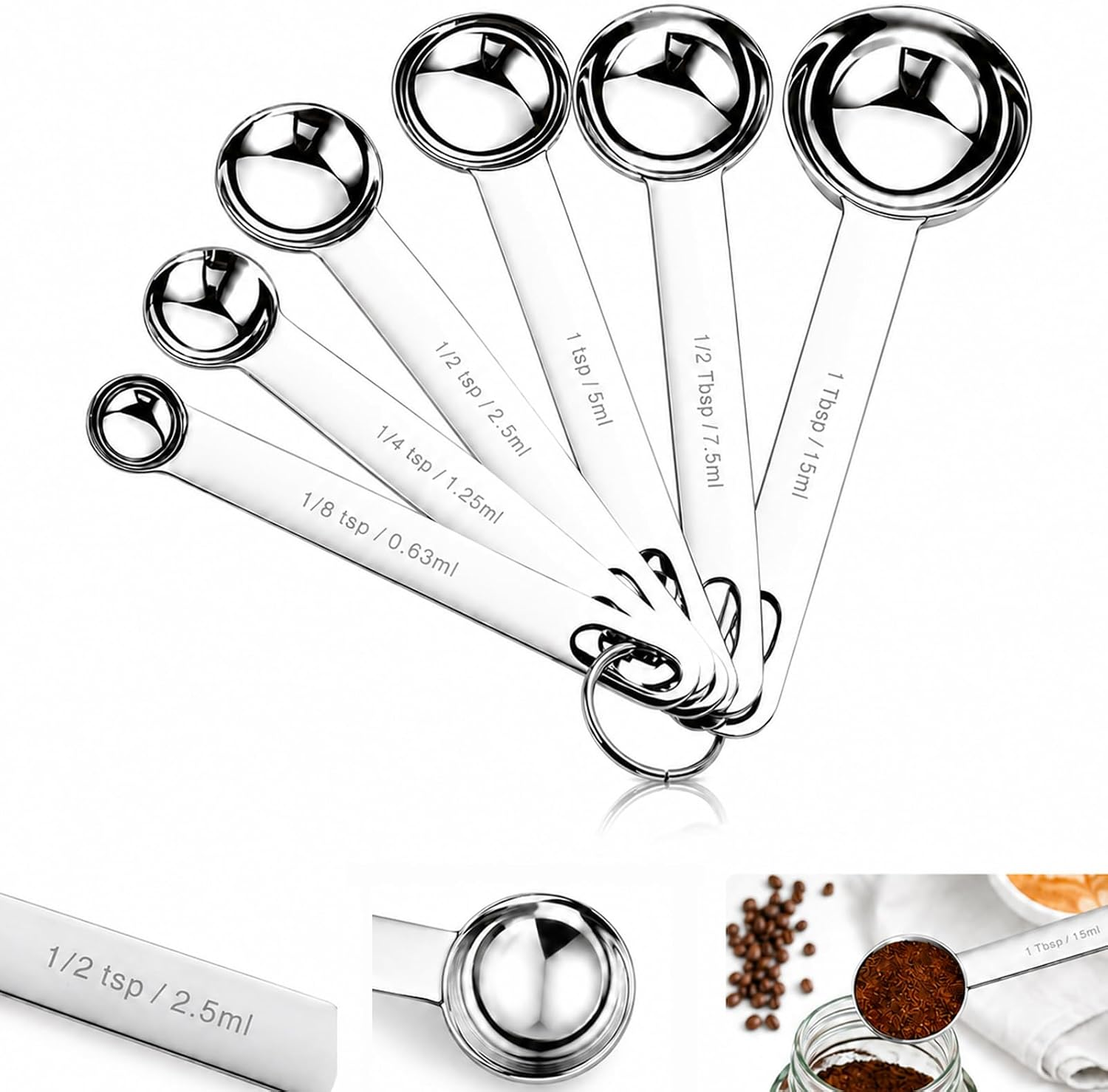Measuring Spoons Stainless Steel Set of 6, Premium Heavy Duty Metal Teaspoon Tablespoon Set with Engraved Measurements,