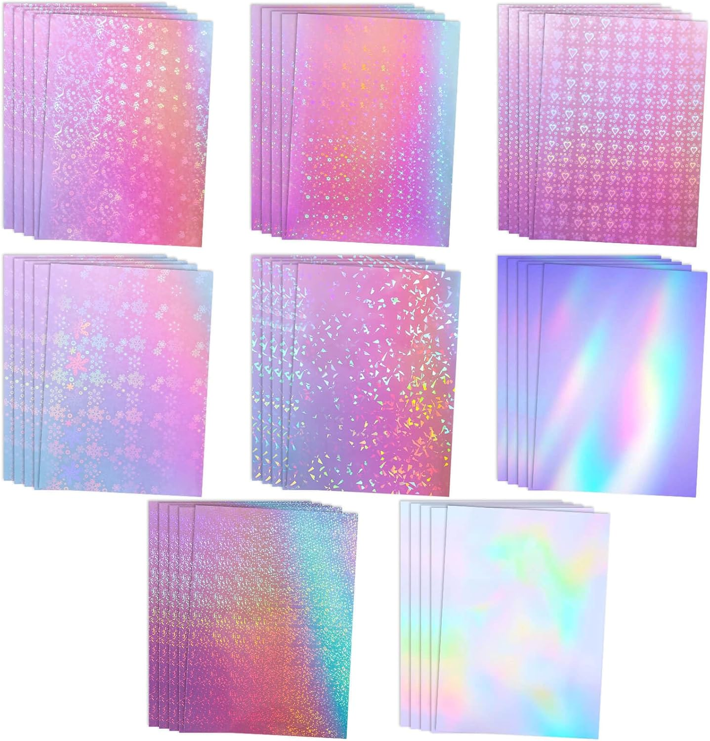 40 Sheets Holographic Laminate Sheets, 8 Types of Holographic Sticker Paper, Self Adhesive Clear Holographic Vinyl Laminate Sheets for Sticker Paper Cards Photos Scrapbooking, A4 Size