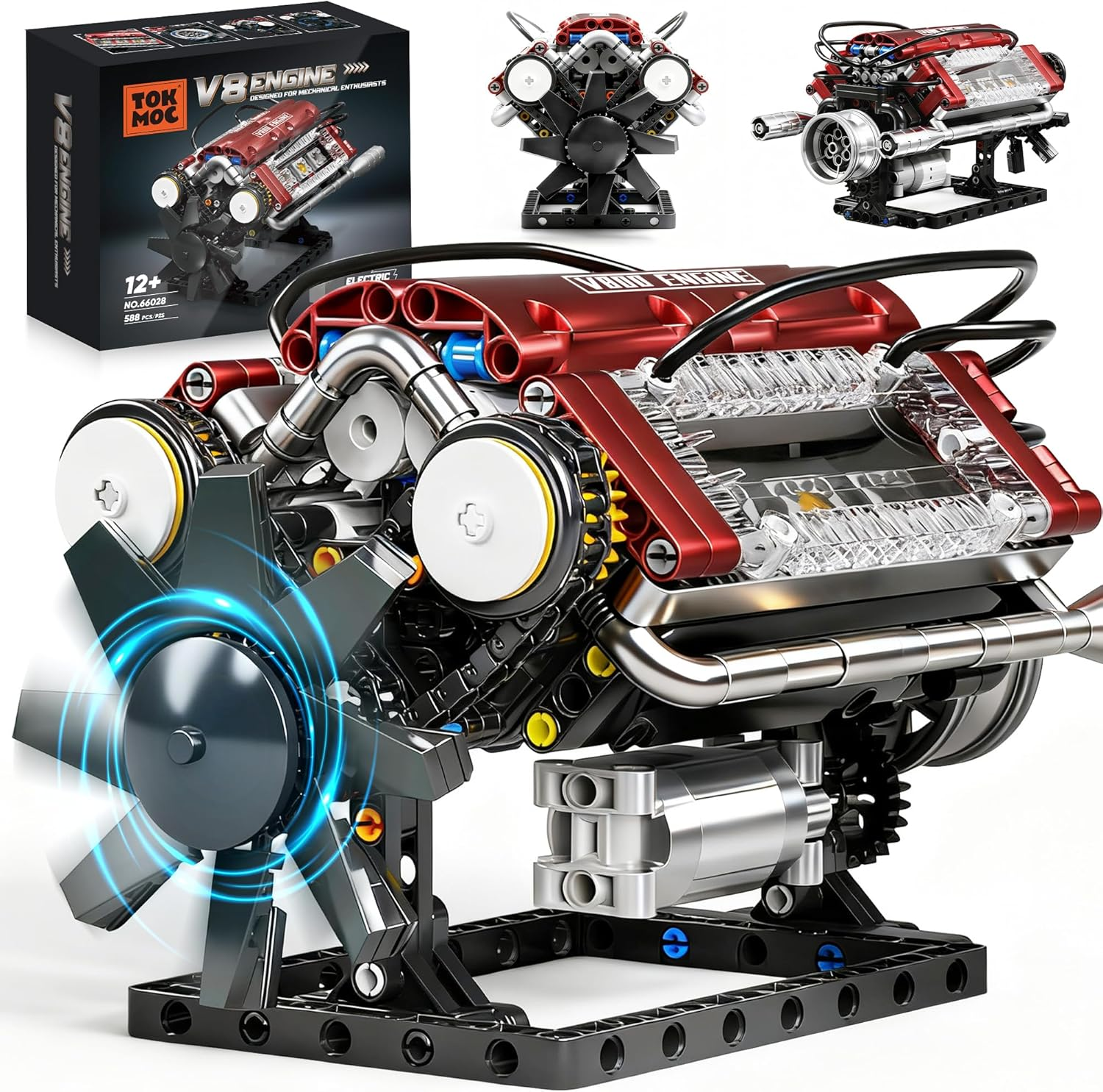 V8 Engine Building Blocks Sets, V8 Engine Model Kit, Runnable Model Engine Building Sets, Mini Engine Kits with Crankshaft & Rotating Fan, Christmas Gift for Adults & Kids