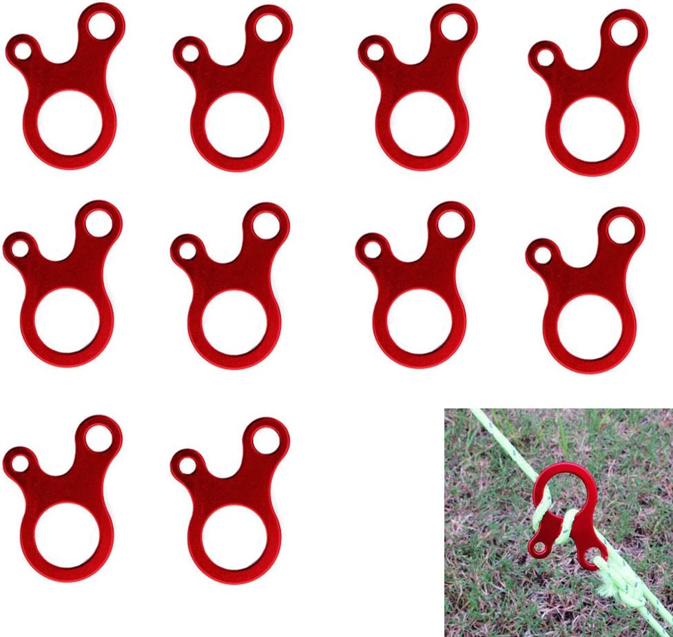Pack of 10 Aluminum Guyline Wind Rope Buckle Cord Adjuster for Tent Camping Hiking Backpacking Outdoor Activity, Red