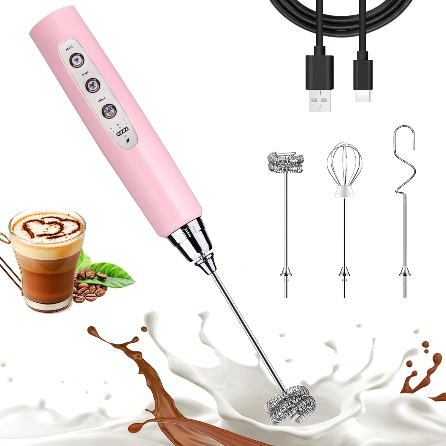 Pink Milk Frother Wand for Coffee, Frother Handheld Rechargeable Electric Whisk with 3 Heads 3 Speeds Drink Mixer Coffee Frother Foam Maker for Latte, Cappuccino, Hot Chocolate, Egg