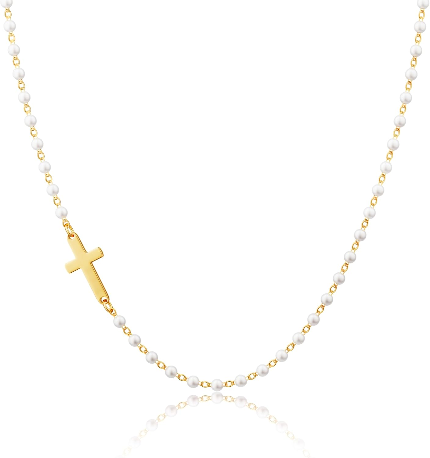 Pearl Cross Necklace for Women – 14K Gold Plated Faith Religious Jewelry