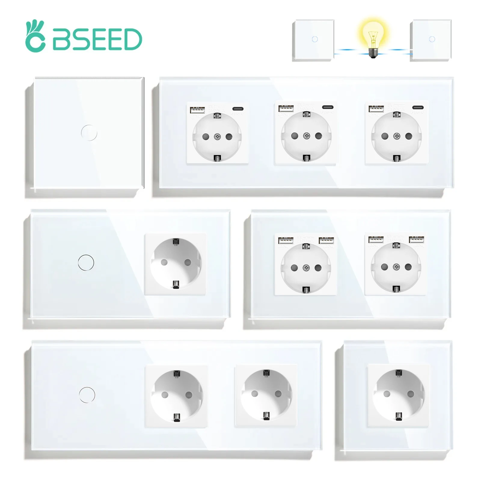 1/2/3Gang Touch Light Switches Glass Panel 2Way Wall Switches Led Change Over Switches Blue Backlight EU Sockets USBC Port