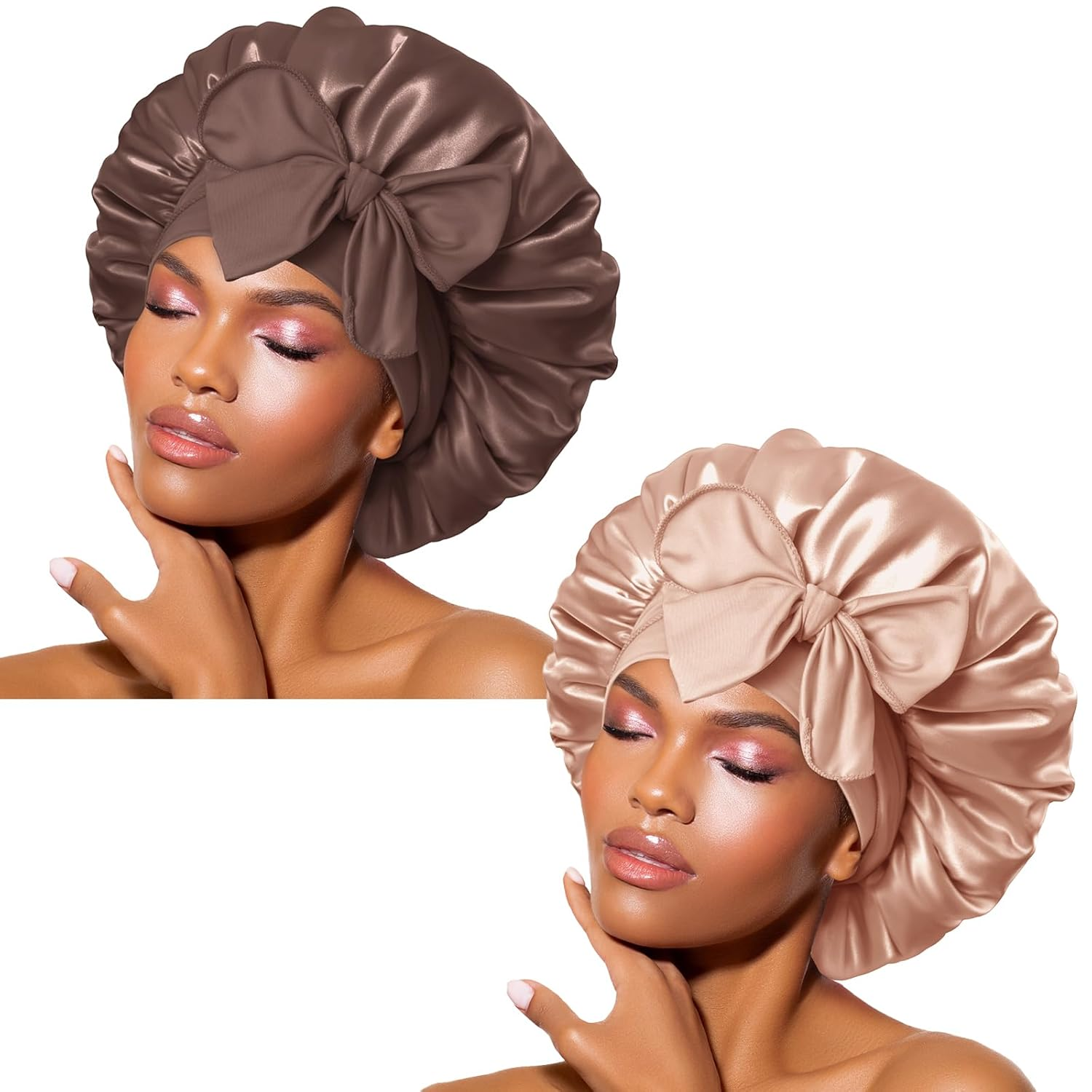 2Pcs Pack Silk Bonnet for Sleeping Satin Bonnet Hair Bonnet with Tie Band Sleep Bonnet Men Bonnet for Women Curly Hair Brown Champagne