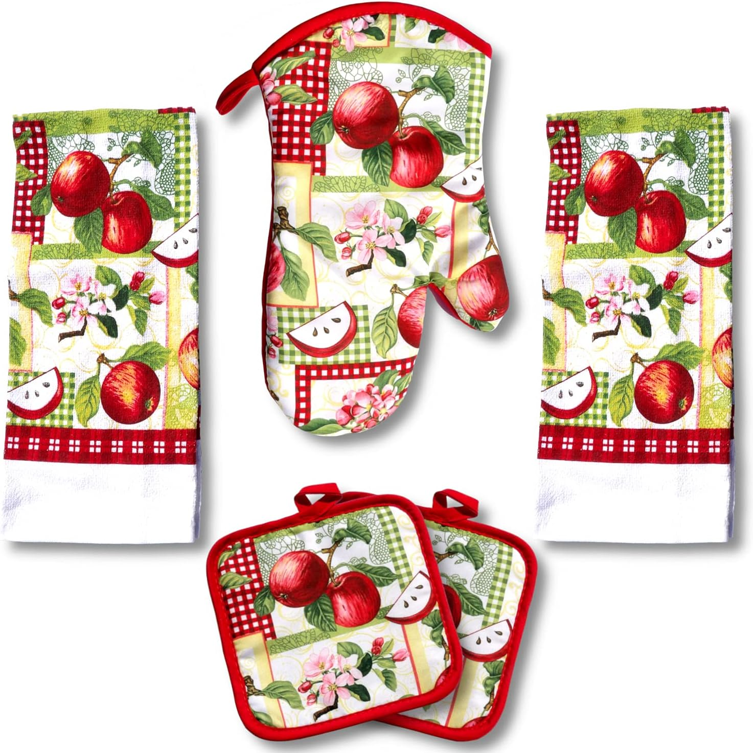 - 5 Piece Country Kitchen Towel Set: Features Red Apples on a Patchwork Quilt, 2 Decorative Dish Towels, 1 Oven Mitt, and 2 Quilted Potholders