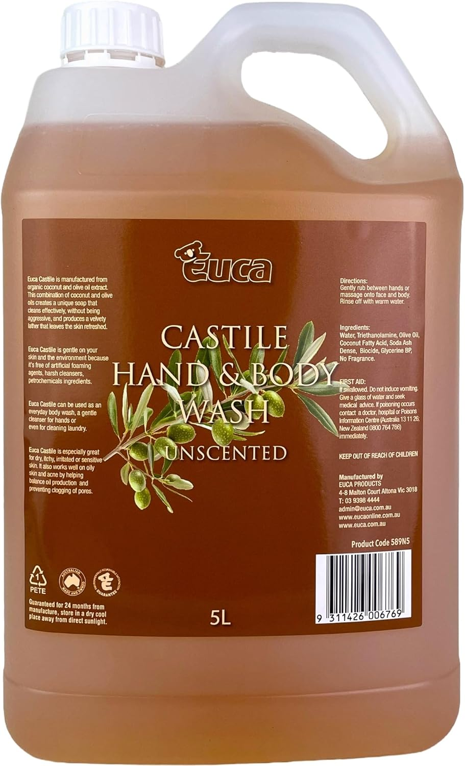 Castile Liquid Soap Unscented 5L – Original Formula Multi-Purpose Natural Soap – Eco Friendly Plant-Based Cleaner for Body, Hands & Home – Grey Water Safe – Vegan Coconut Oil Soap