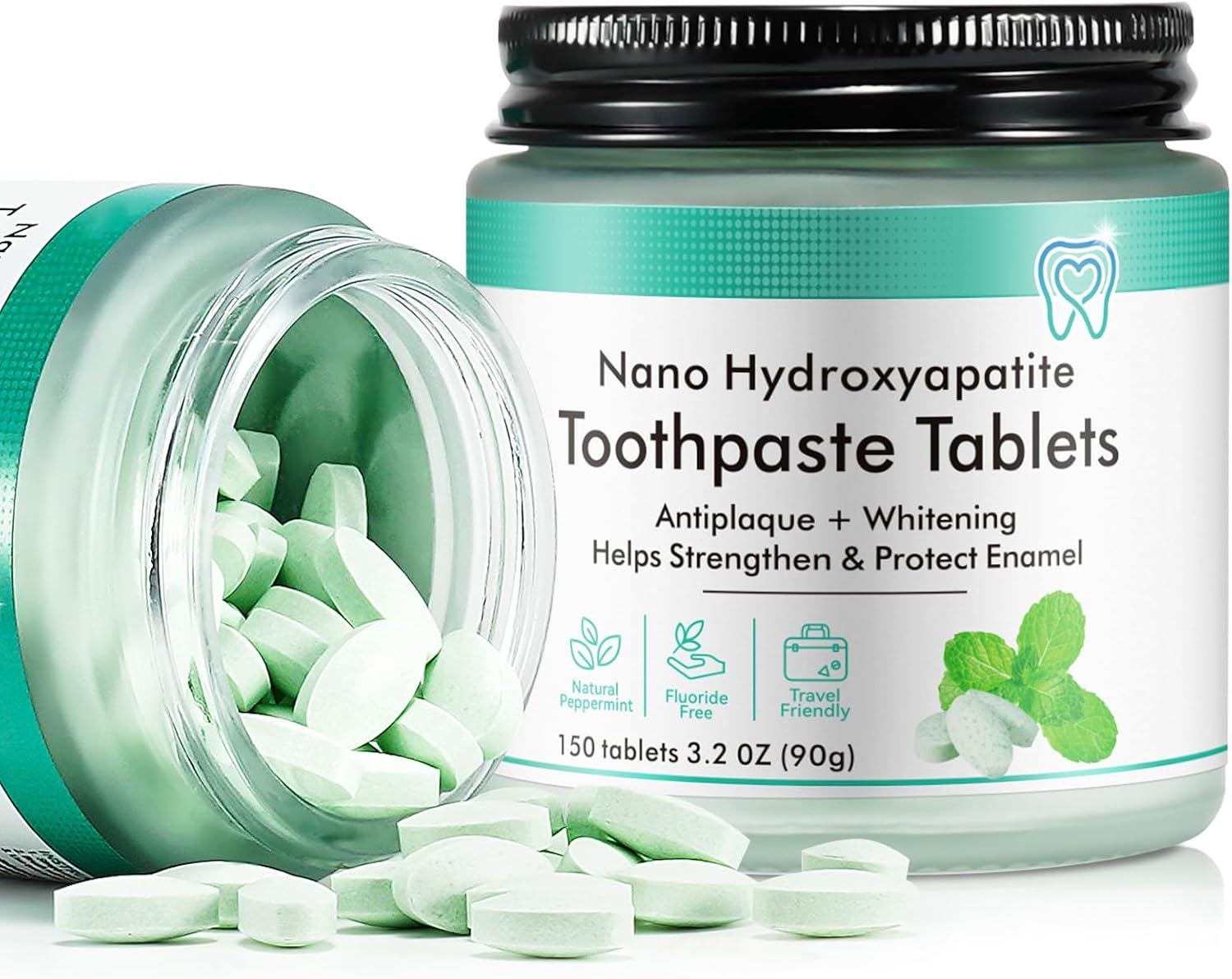 Toothpaste Tablets,150 Nano Hydroxyapatite Toothpaste Tablets, Chewable Xylitol Toothpaste Tablets, Fluoride-Free - Natural Whitening Remineralizing Travel-Friendly Eco Tabs, Peppermint
