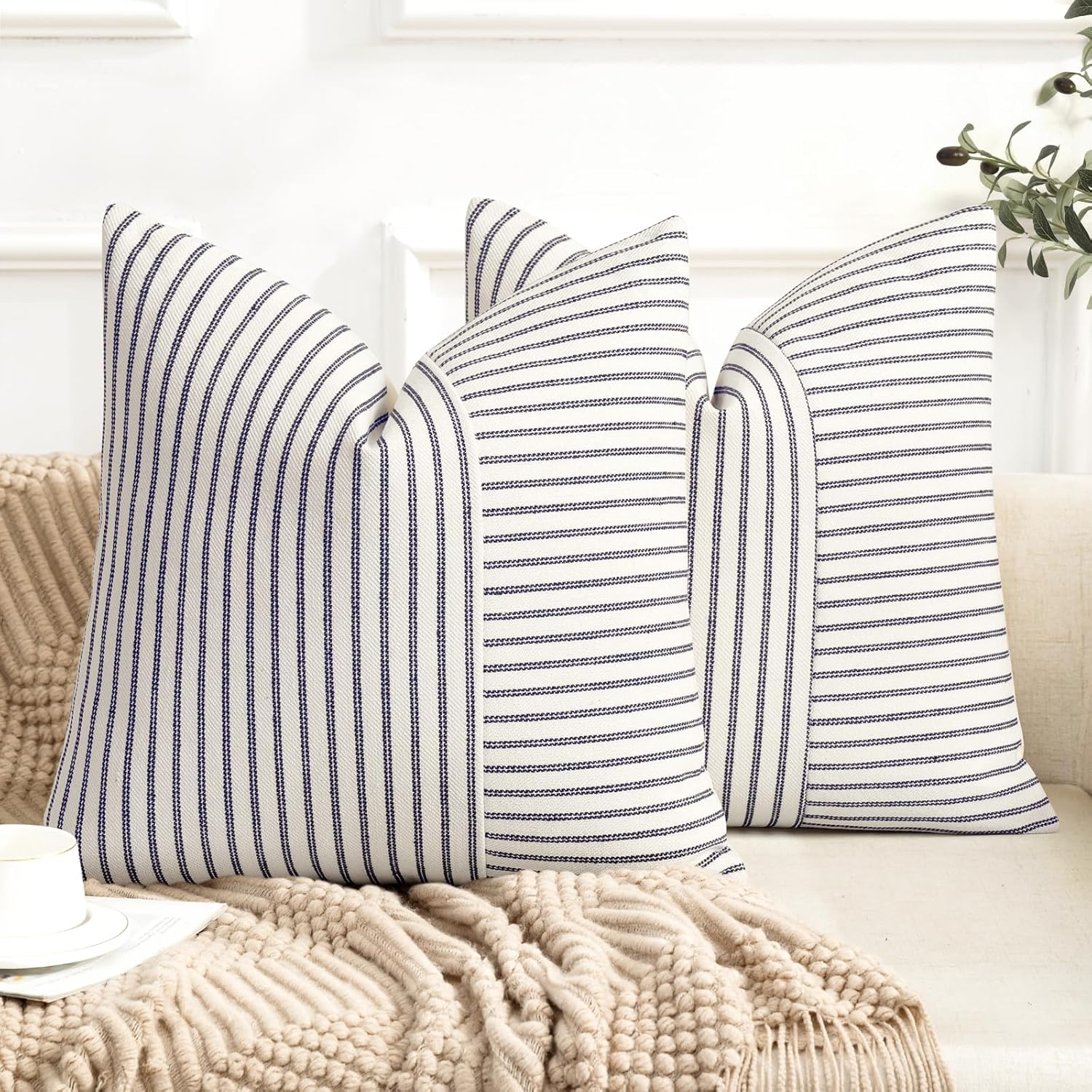 Farmhouse Pillow Covers 26X26, Modern Accent Throw Pillow Covers Set of 2, Navy and Beige Striped Patchwork Linen Decorative Pillows Cushion Covers for Couch Chair Bedroom Home Decor