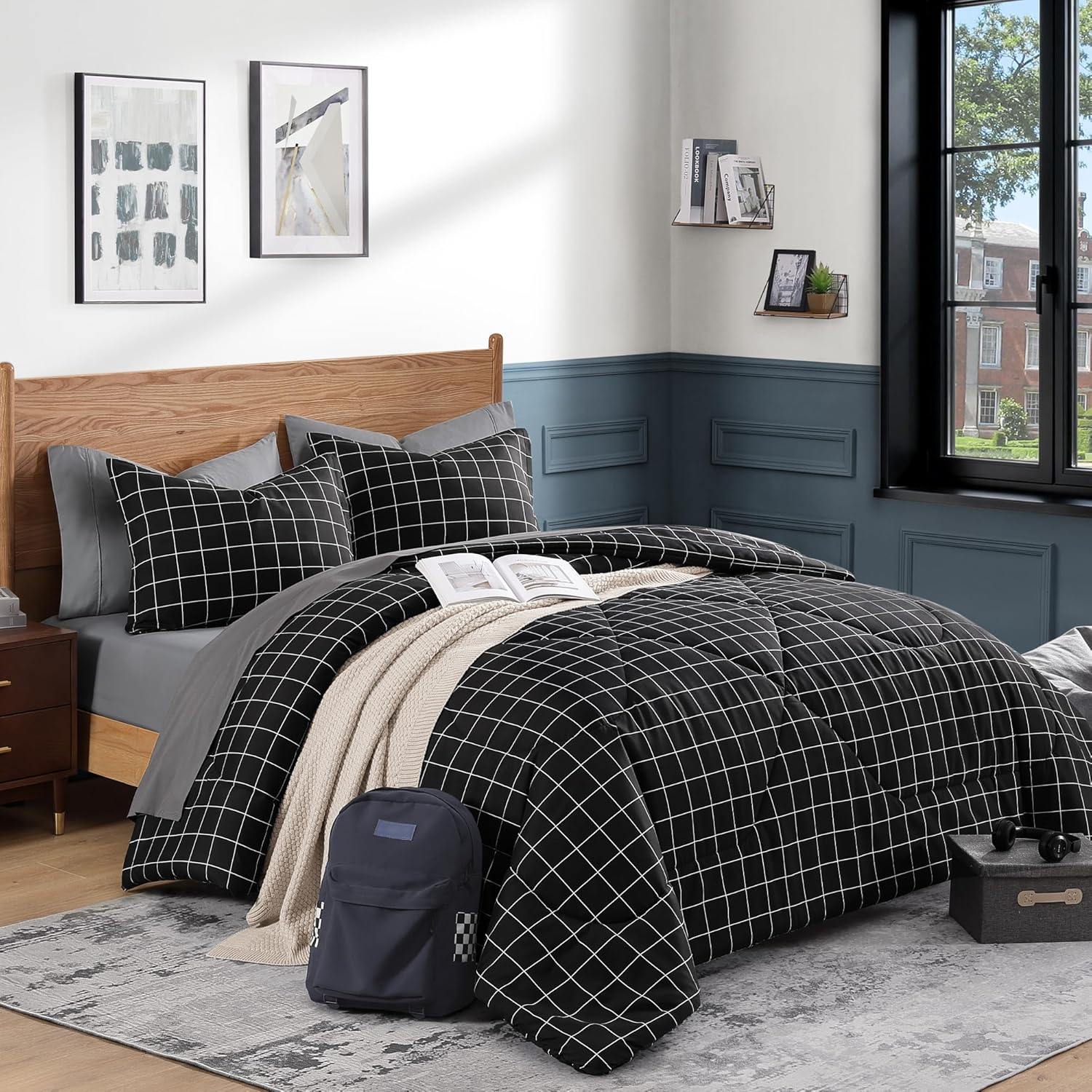 Black Grid Comforter Set Full Size (79X90 Inch), 3 Pieces(1 Grid Comforter and 2 Pillowcases), Summer Lightweight Microfiber down Alternative Black Comforter with White Lines