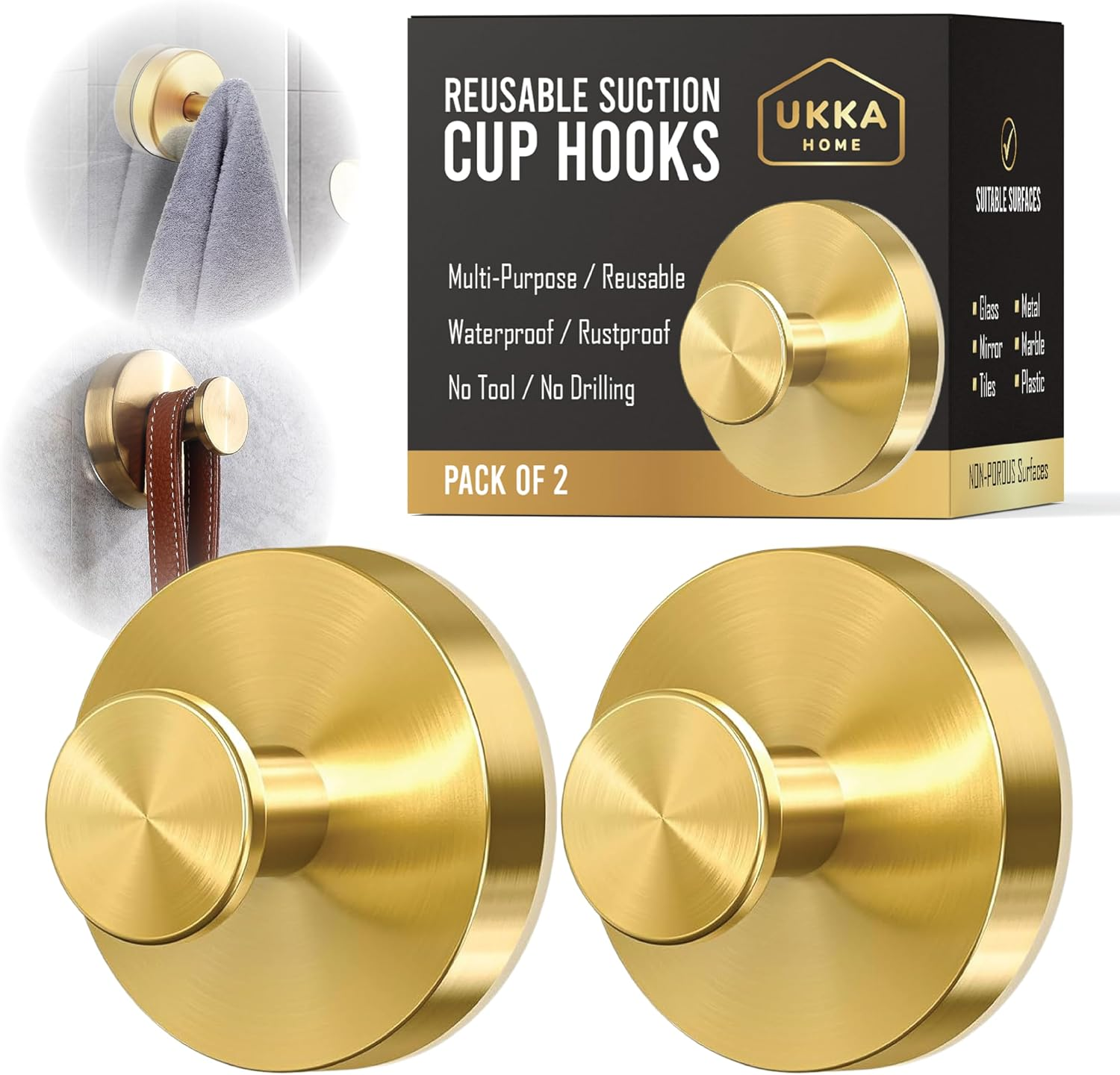 Suction Cup Hooks for Shower, Bathroom, Kitchen, Home, Glass, Mirror, Tile. Reusable, Stainless Steel, Waterproof, Rustproof, No Drill. Hang Coat, Towel, Robe, Loofah (2, Gold)