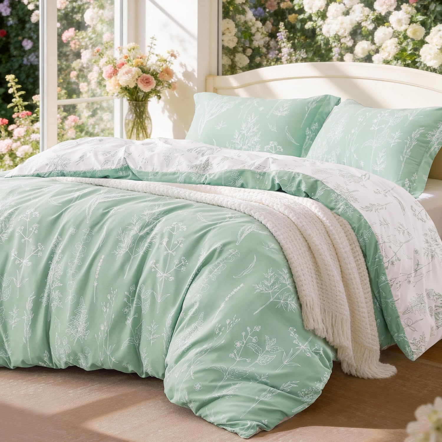 Sage Green Comforter Set Queen - Queen Size Comforter Set, 3 Pieces Cute Floral Bedding Sets for All Seasons,1 Soft Reversible Botanical Flowers Comforter and 2 Pillow Shams