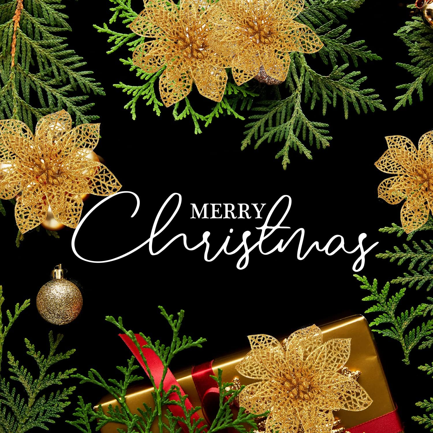 Euvoym 12 Pieces Gold Christmas Large Poinsettia Glitter Flower Tree Hanging ... - Picture 4 of 15
