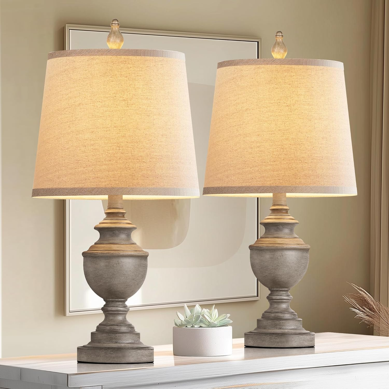 Retro Table Lamps Set of 2, Bedside Lamp for Bedroom Rustic Farmhouse Table Lamps for Living Room, Vintage Nightstand Lamps with White Shades, Antique Grey