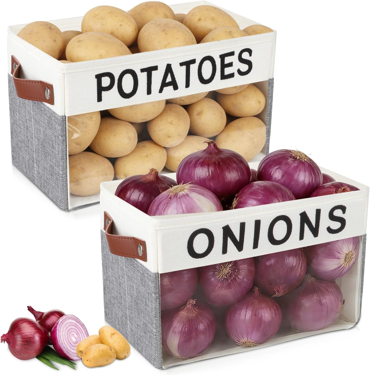 2 Pack Onion and Potato Storage Bins,Decorative Vegetable Storage Basket with Handles,Large Kitchen Storage Container for Onion, Potato, Fruit, Vegetables,Countertop Kitchen Organization Container