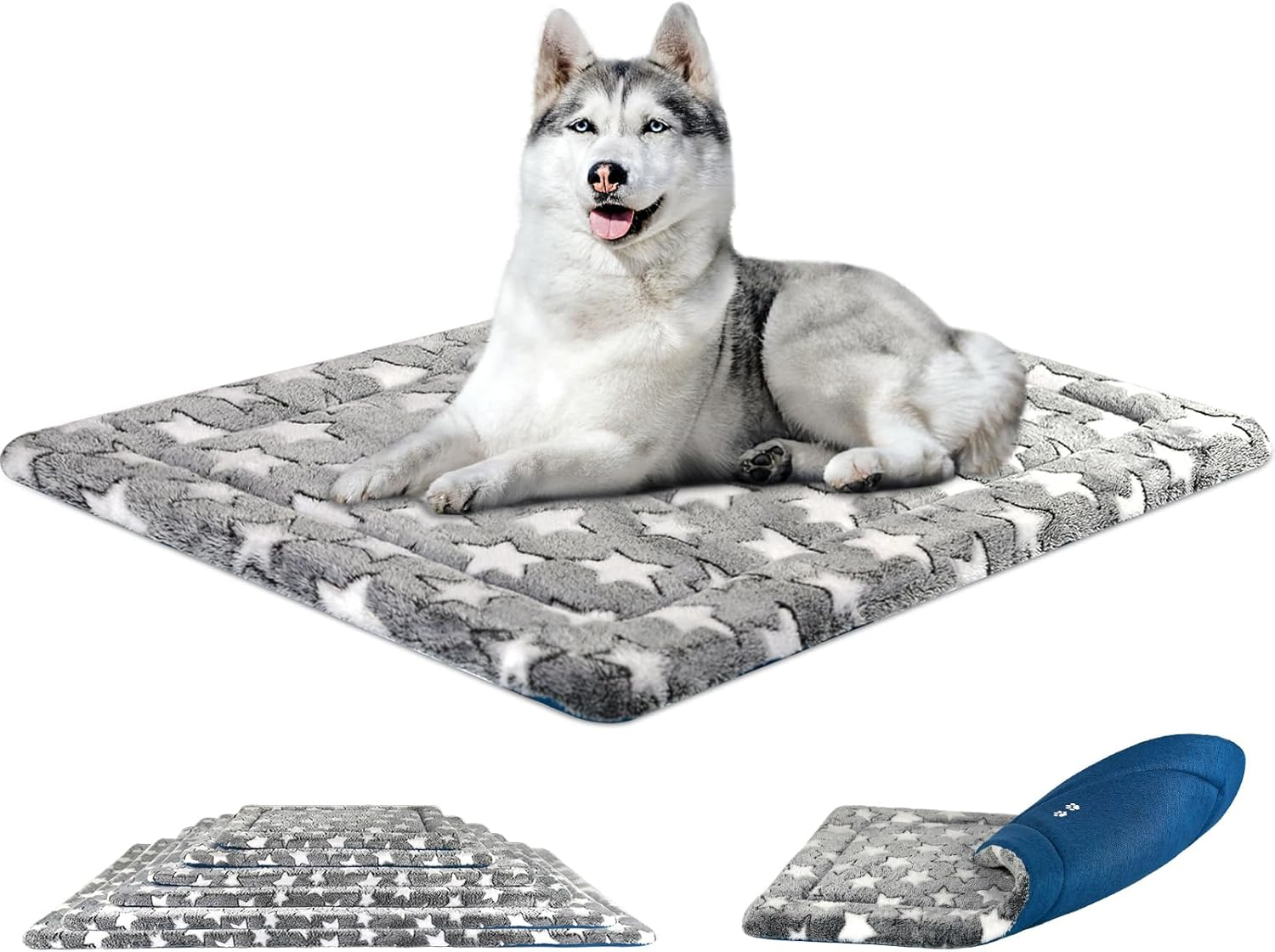 Large Grey Navy Star Pattern Fancy Reversible Dog Crate Pad Bed Mat Cool & Warm Machine Washable
