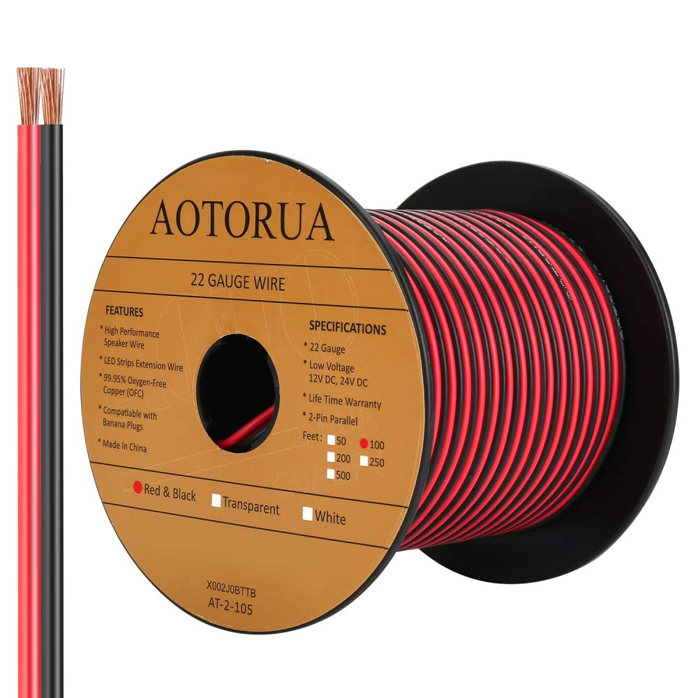 100FT 22AWG Electrical Wire, 22/2 Gauge Oxygen Free Copper 12V/24V DC Red Black Zip Cord Wire Parallel Extension Wire, LED Strip Lights Hookup Wire for Led Strips Single Color 3528 5050