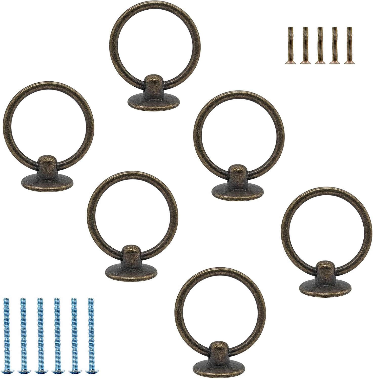 Luomorgo 6 Pcs Antique Bronze Ring Pull Handle Knobs, Vintage Dresser Drawer Pulls for Kitchen Cabinet Cupboard Chest Metal Drawer Drop Ring Pulls