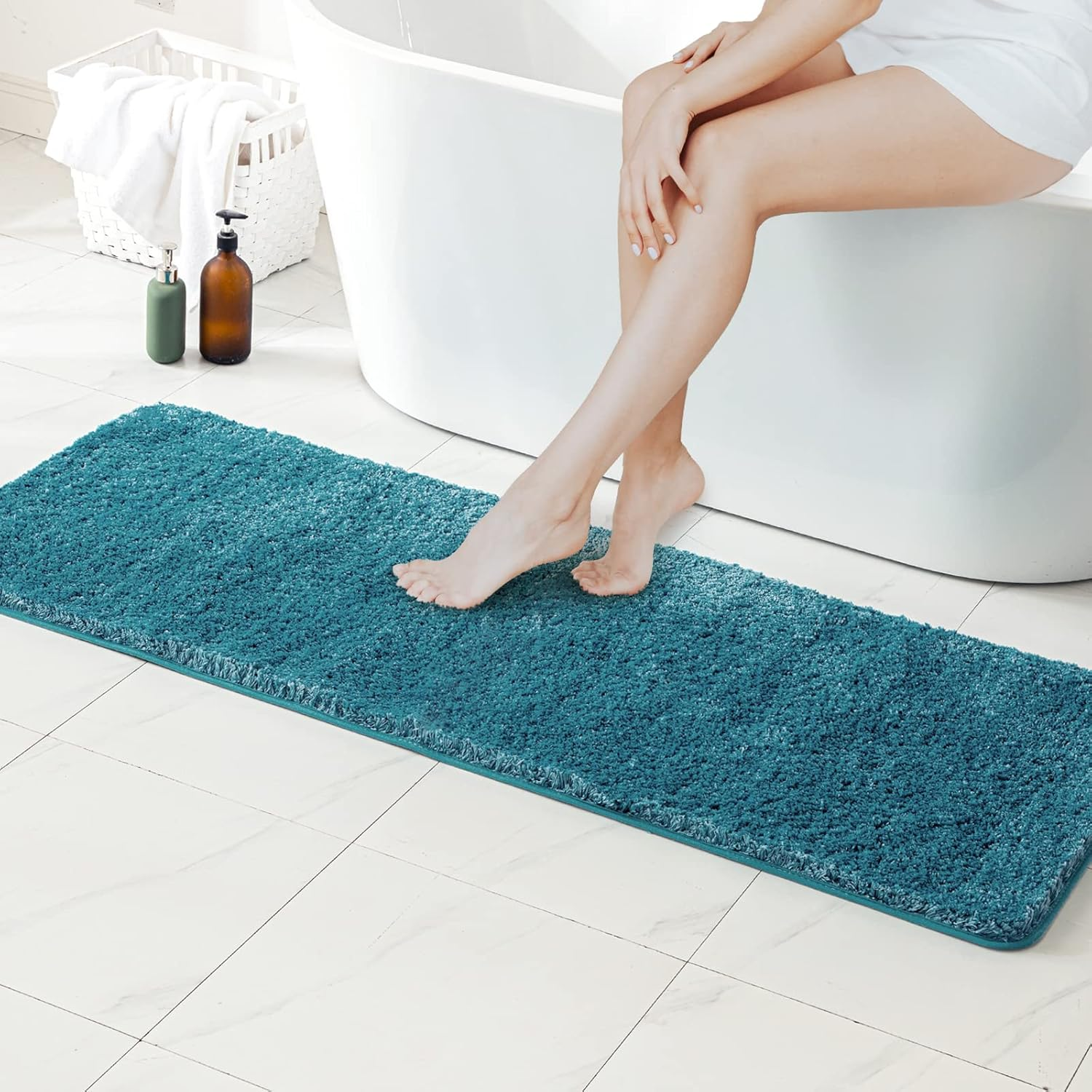 Teal Bathroom Runner Rugs, Soft Absorbent Microfiber Long Bath Rugs Non Slip Quick Dry Fluffy Bath Mats for Bathroom Floor, Machine Washable, 24X60 Inch