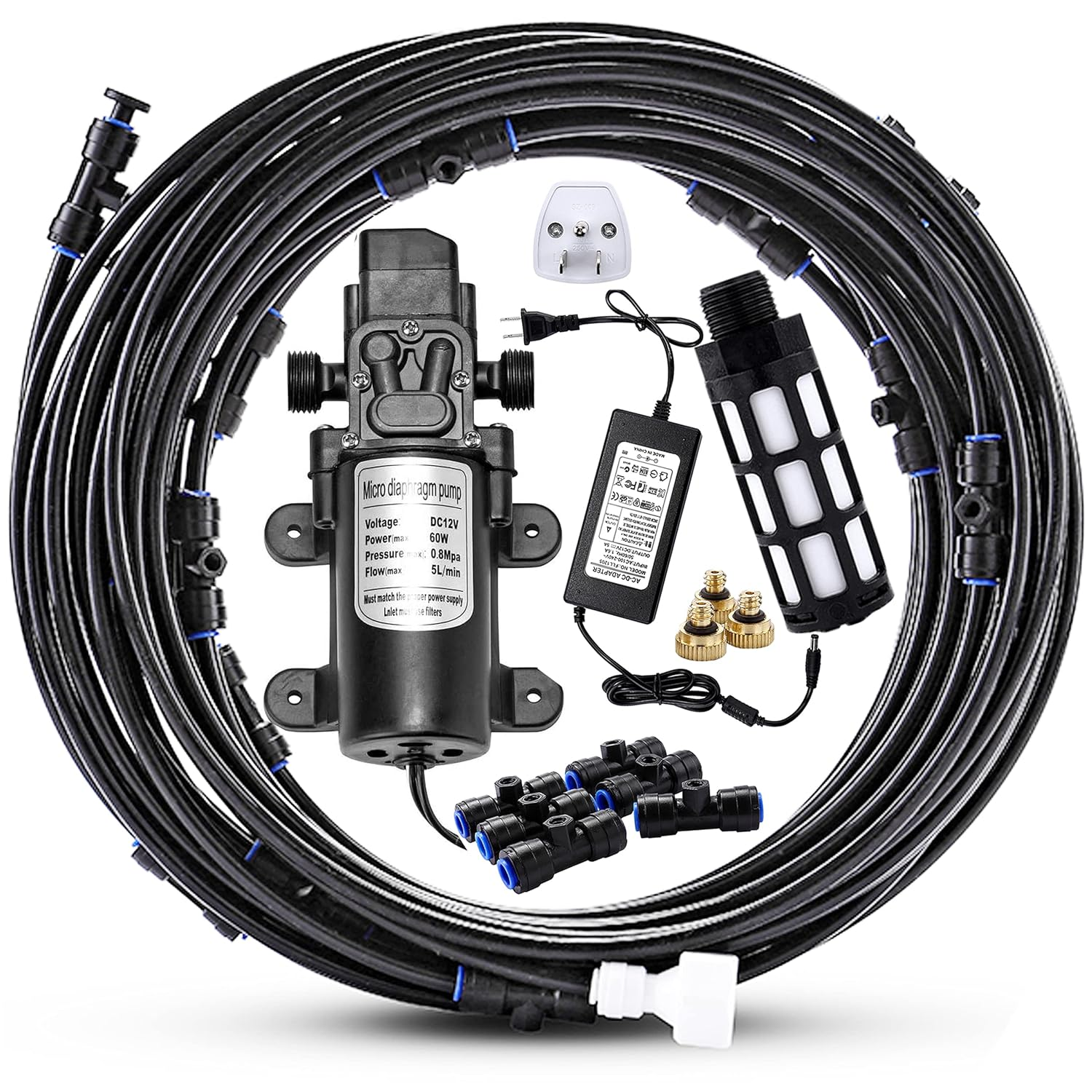 Outdoor Misting Cooling System with Pump Kit, 65.6FT(20M) Misting Line with Filter, 26 Brass Mist Nozzles, 1 Brass Adapter (3/4