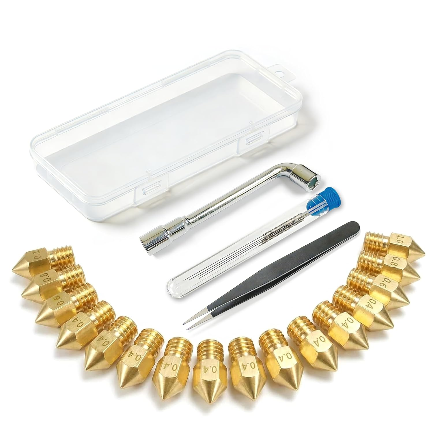 3D Printer Nozzle Kit 16PCS MK8 Brass Nozzles 0.2/0.4/0.6/0.8/1.0Mm with Wrench