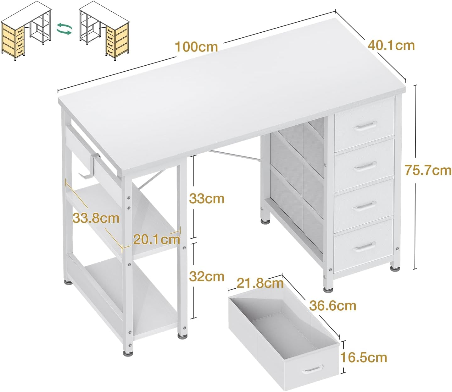 ODK 40Inch Computer Desk with 4 Fabric Drawers and 2 Storage Shelves,Reversib... - Picture 4 of 14