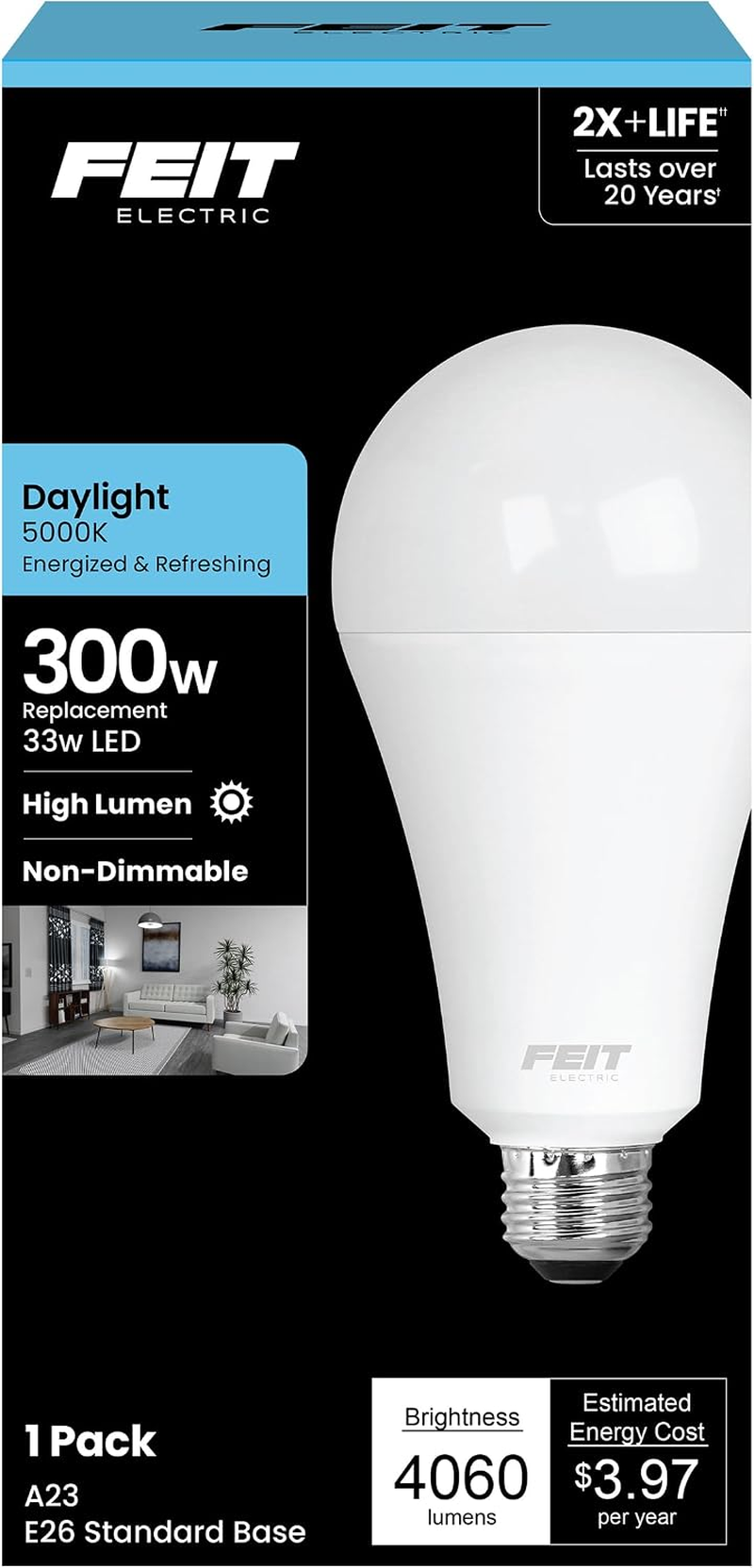 Feit Electric A23 LED Light Bulb, 300W Equivalent, Non-Dimmable, 4060 Lumens, E26 Standard Base, 5000K Daylight, 80 CRI, High Output LED Bulb, Damp Rated, 22 Year Lifetime, OM300/850/LED