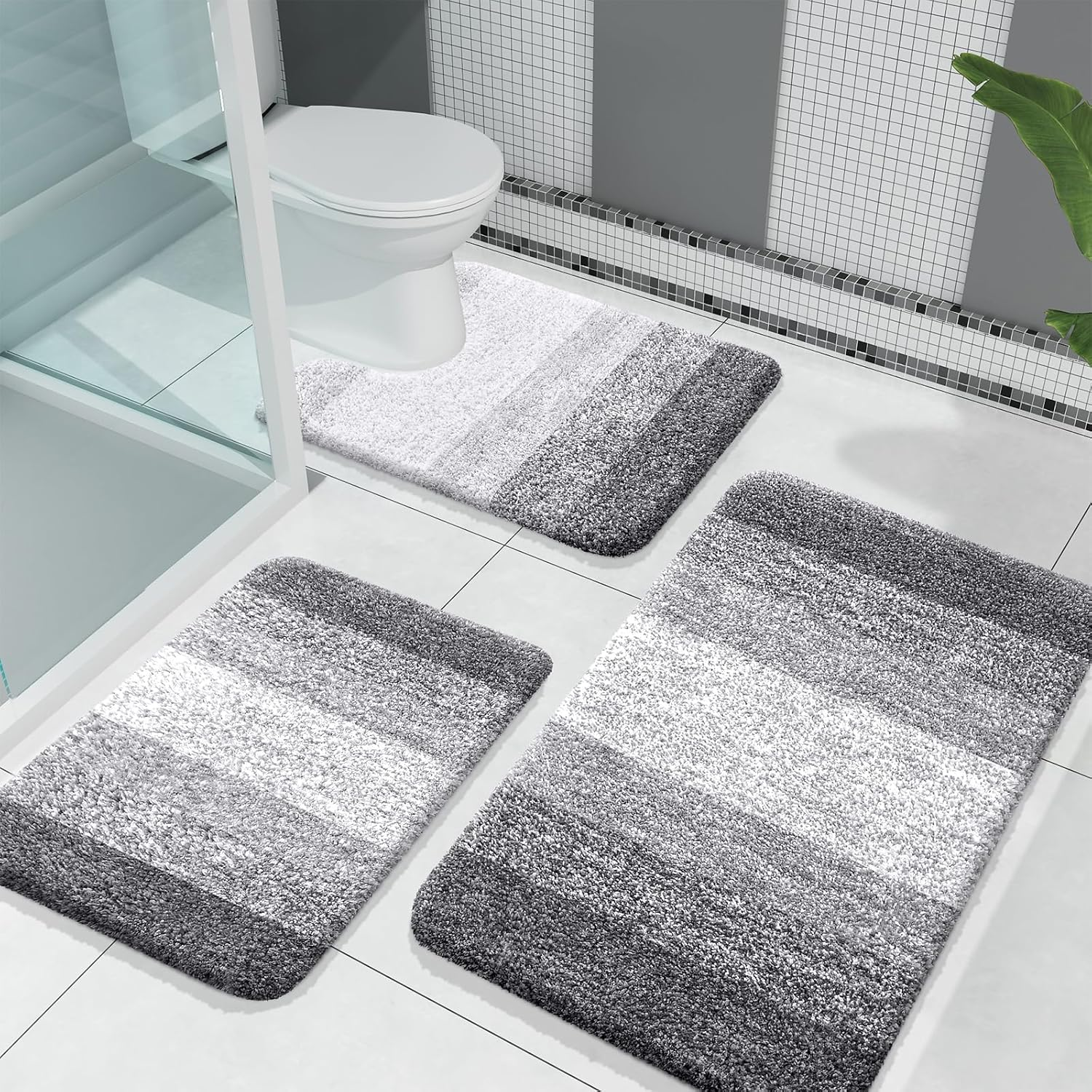 OLANLY Bathroom Rugs Sets 3 Piece, Soft Absorbent Microfiber Bath Mats and U-Shaped Contour Toilet Rug, Plush Shaggy Bath Mat Set for Bathroom (30