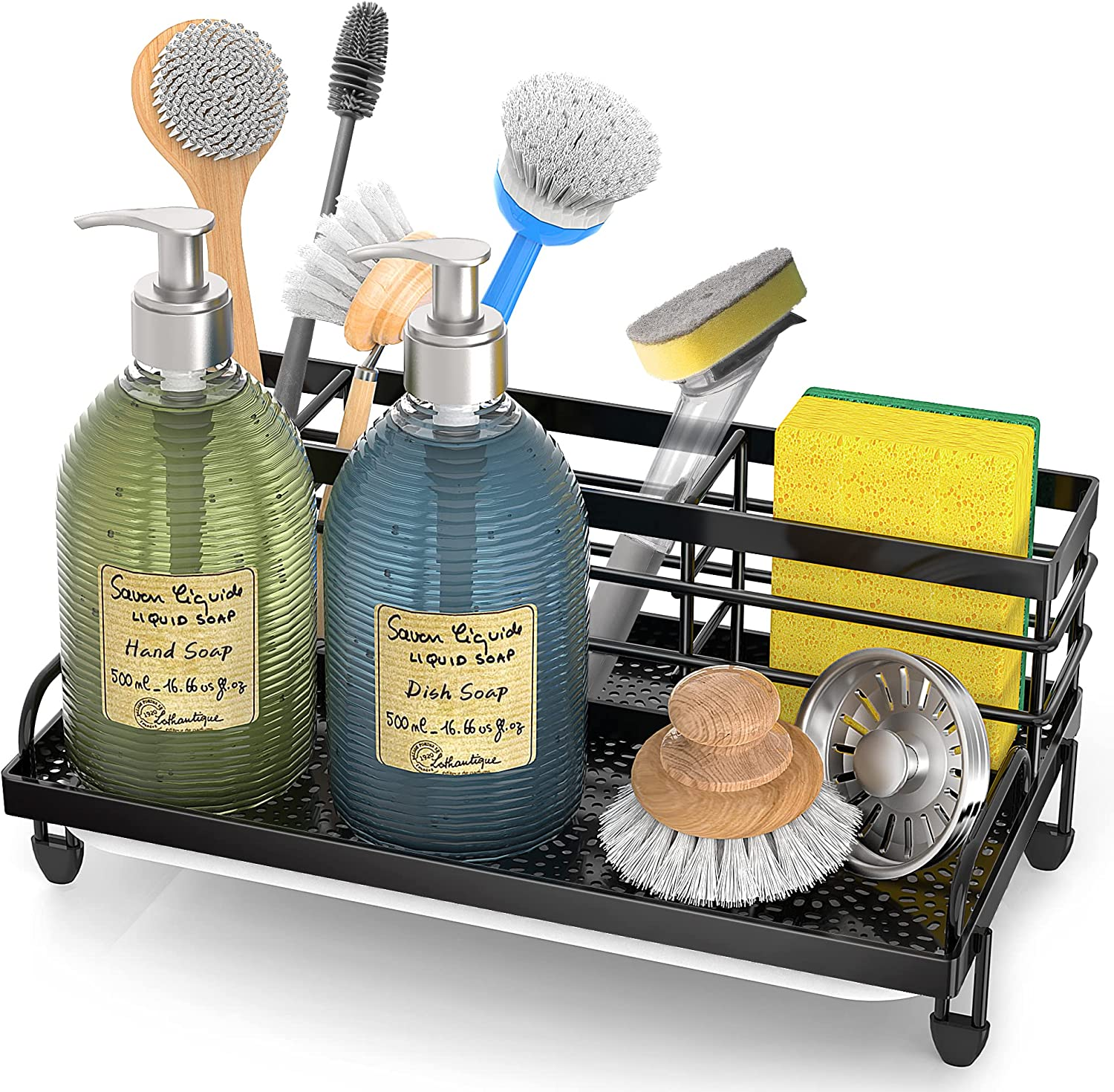 Kitchen Sink Caddy Organizer, Rustproof Non-Slip Soap Dish Dispenser Brush, Sponge Holder for Kitchen Sink, Kitchen Organization and Storage, Home Essentials Accessories（Matte Black）