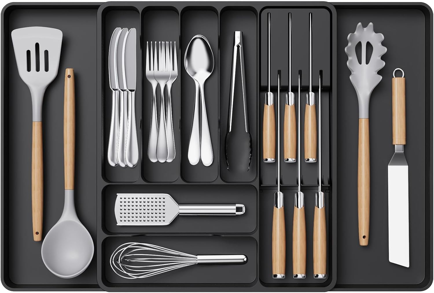 Silverware Drawer Organizer Expandable Utensil Tray With Removable Knife Block