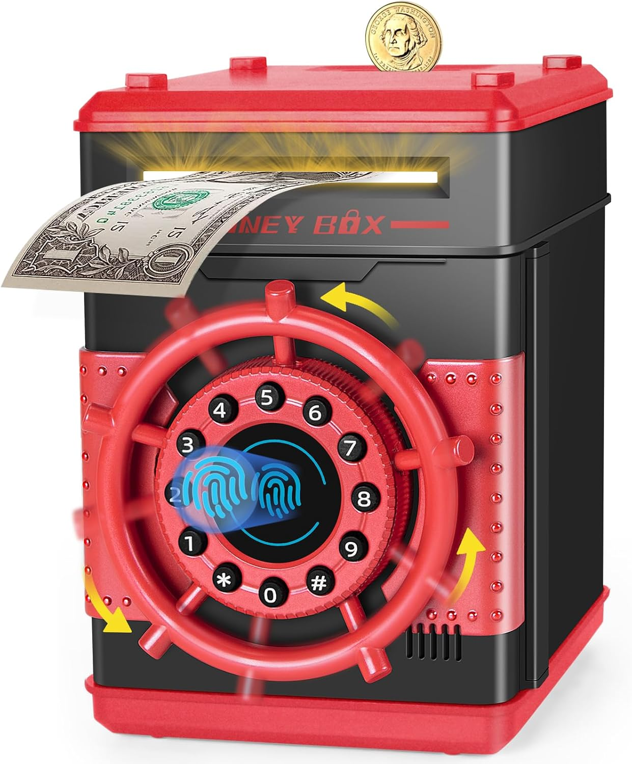 Electronic Piggy Bank for Boys Girls, Kids Safe Cash Piggy Banks, Fingerprint Simulation Money Bank Coin Banks Money Safe, Birthday Gifts Toys for 3 4 5 6 7 8 9 10 12 Year Old Kids (Red)