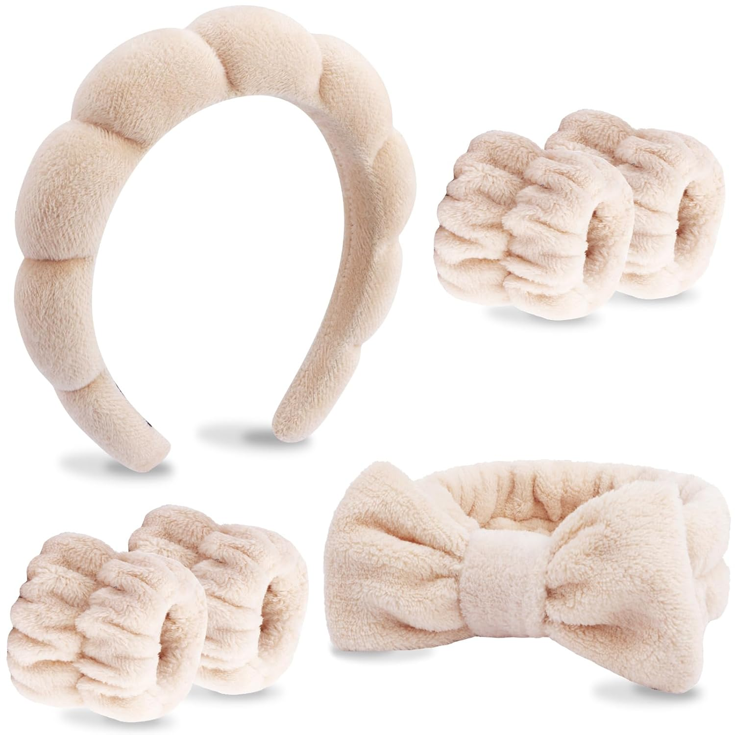 6 Pack Spa Headband, Makeup Headband, Face Wash Headbands, Skincare Headbands, Brown Sponge Hair Band Bow Tie Spa Head Band for Washing Face Wristband Set Hair Accessories for Women