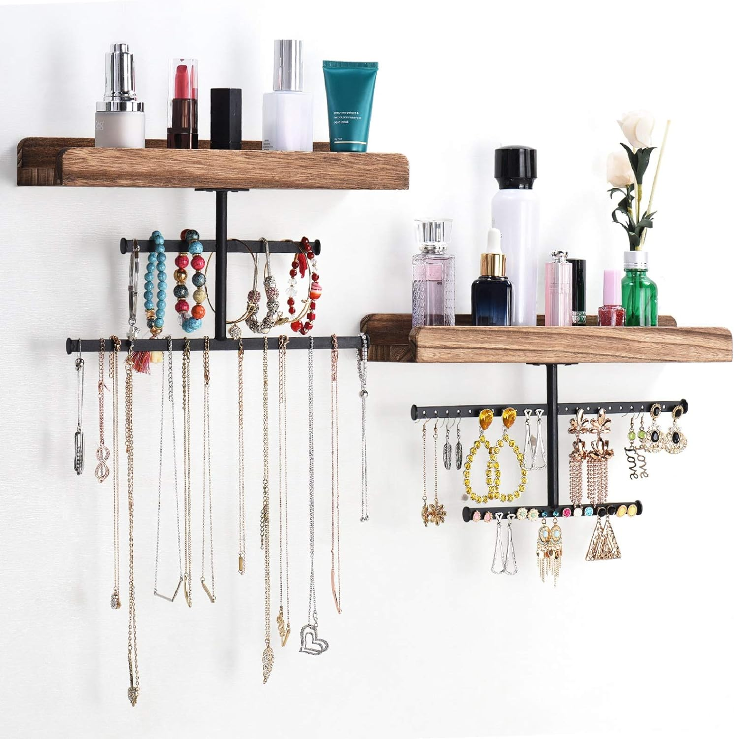 Hanging Wall Mounted Jewelry Organizer with Rustic Wood Jewelry Holder Display for Necklaces Bracelet Earrings Ring Set of 2 Carbonized Black,[Patented]